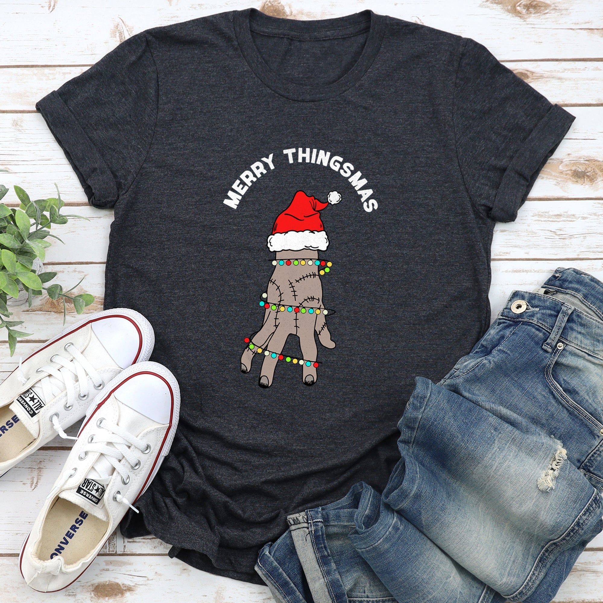 Merry Thingsmas Christmas Wednesday Spooky Zombie Mashup Holiday Theme Graphic Tee