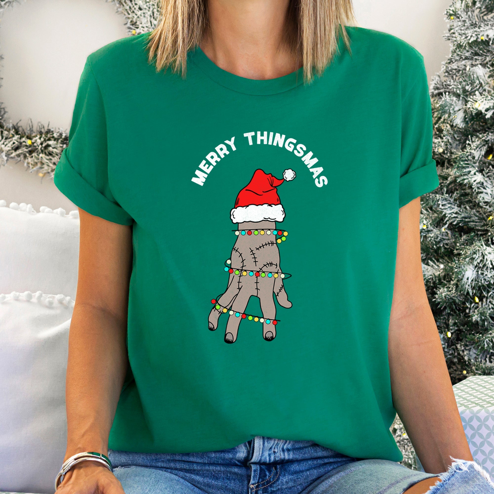 Merry Thingsmas Christmas Wednesday Spooky Zombie Mashup Holiday Theme Graphic Tee