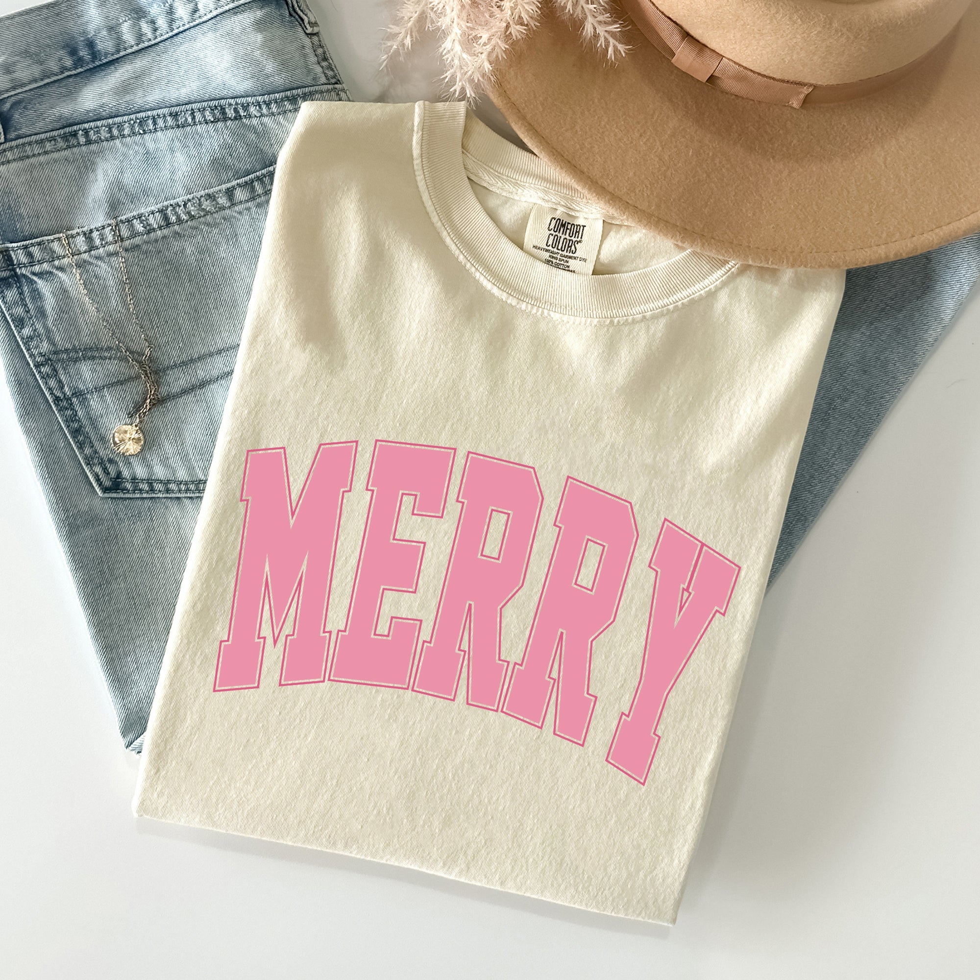Merry Varsity Collegiate Christmas Santa Winter Xmas Vintage Style Heritage Collection Comfort Colors Tee
