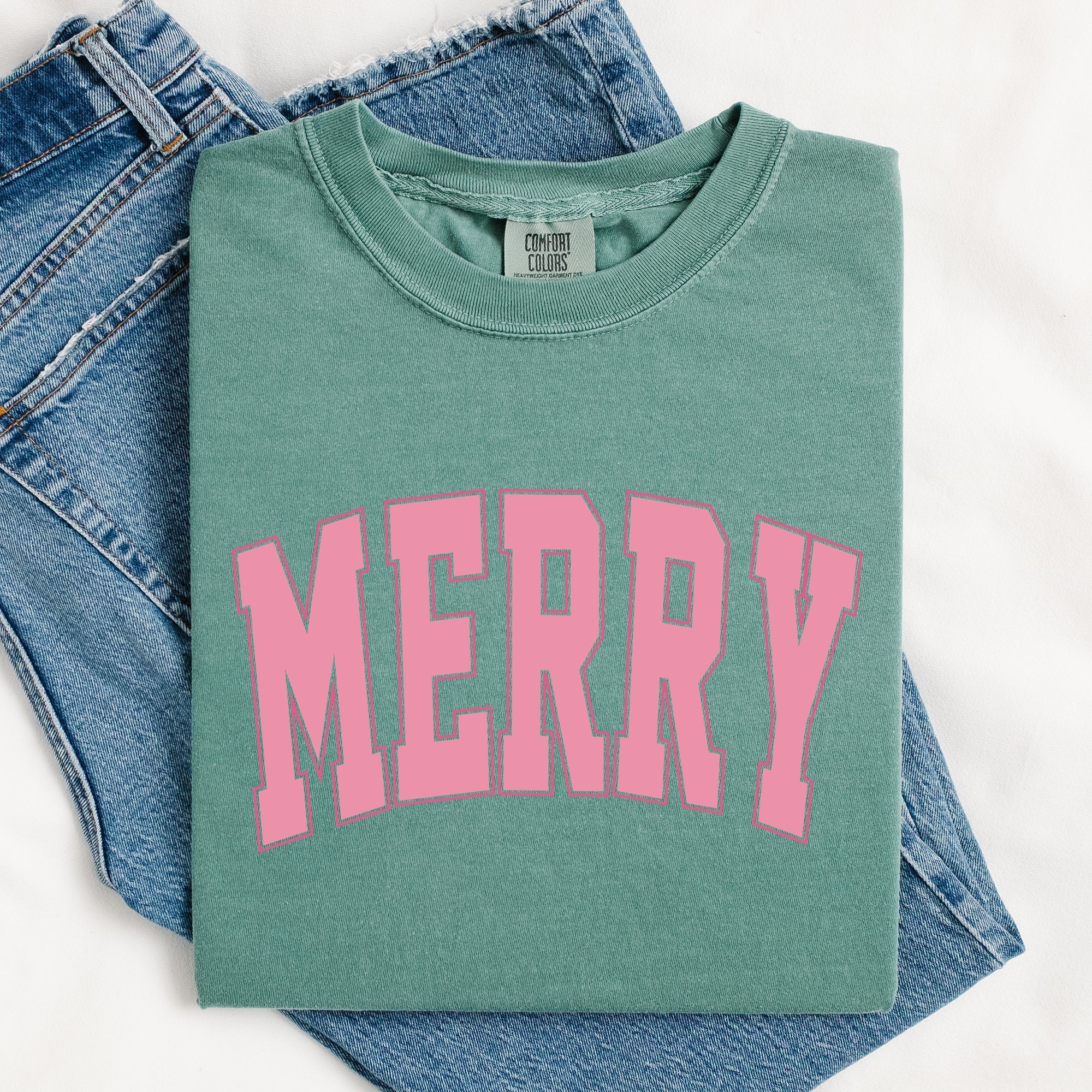 Merry Varsity Collegiate Christmas Santa Winter Xmas Vintage Style Heritage Collection Comfort Colors Tee