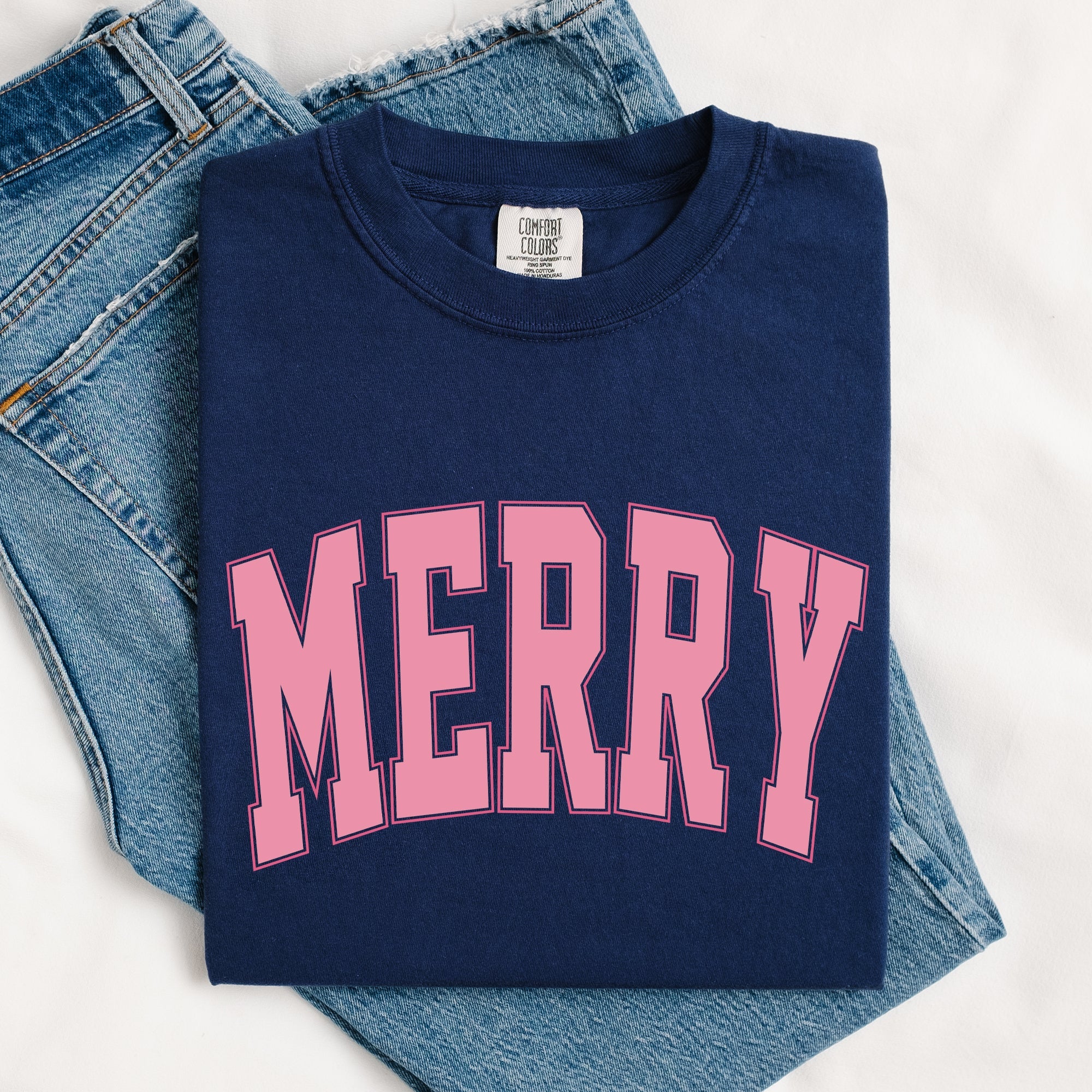 Merry Varsity Collegiate Christmas Santa Winter Xmas Vintage Style Heritage Collection Comfort Colors Tee