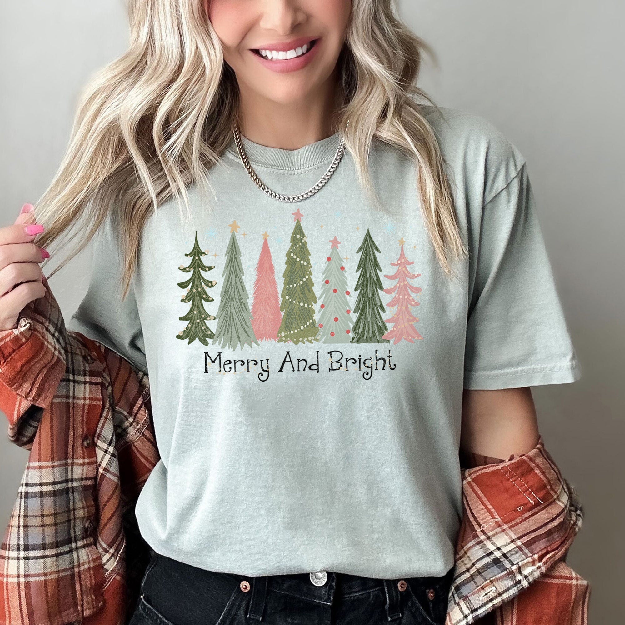 Merry and Bright Christmas Trees, Snowflakes, Stars, Decorations Comfort Colors Tee