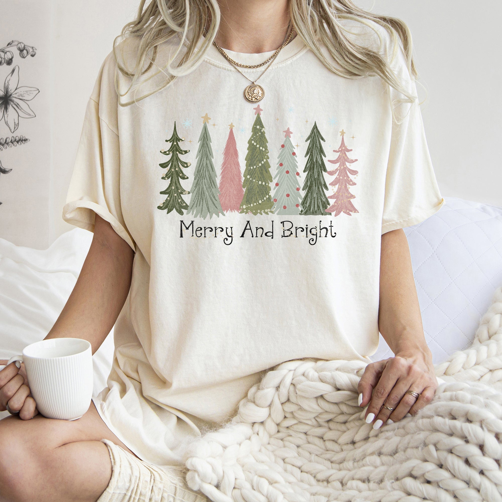 Merry and Bright Christmas Trees, Snowflakes, Stars, Decorations Comfort Colors Tee