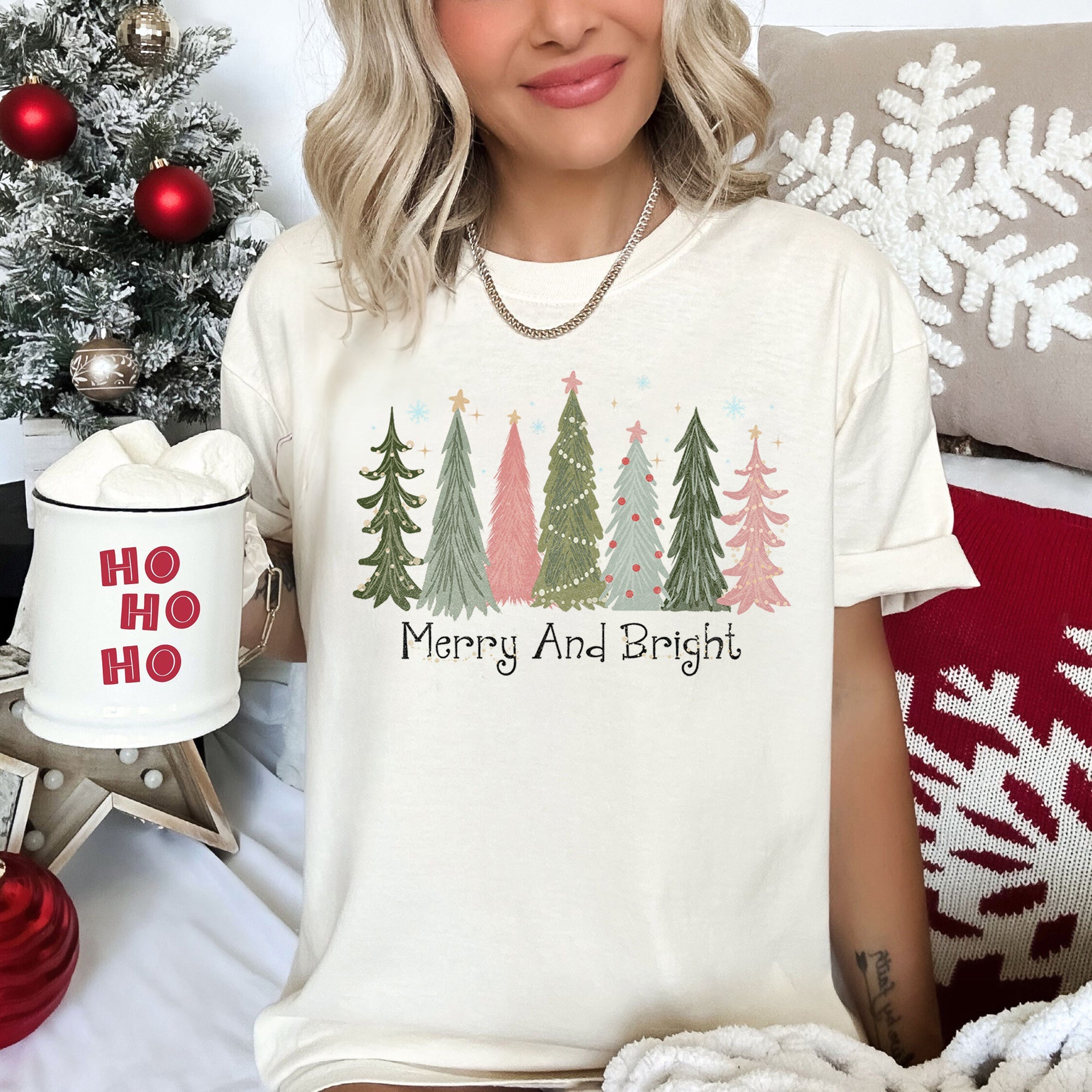 Merry and Bright Christmas Trees, Snowflakes, Stars, Decorations Comfort Colors Tee