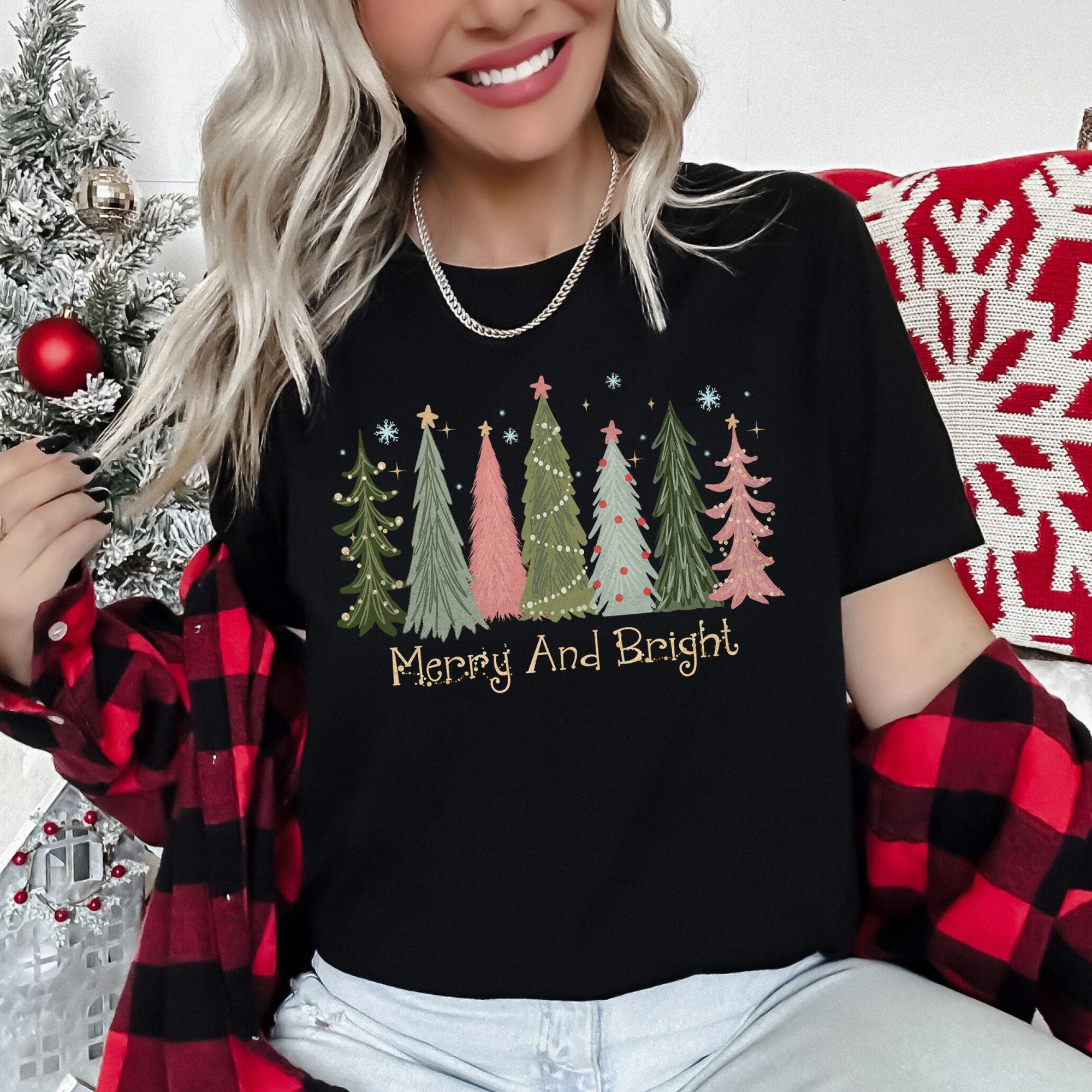 Merry And Bright Christmas Trees Snowflakes Stars Decorations Pink Green Graphic Tee