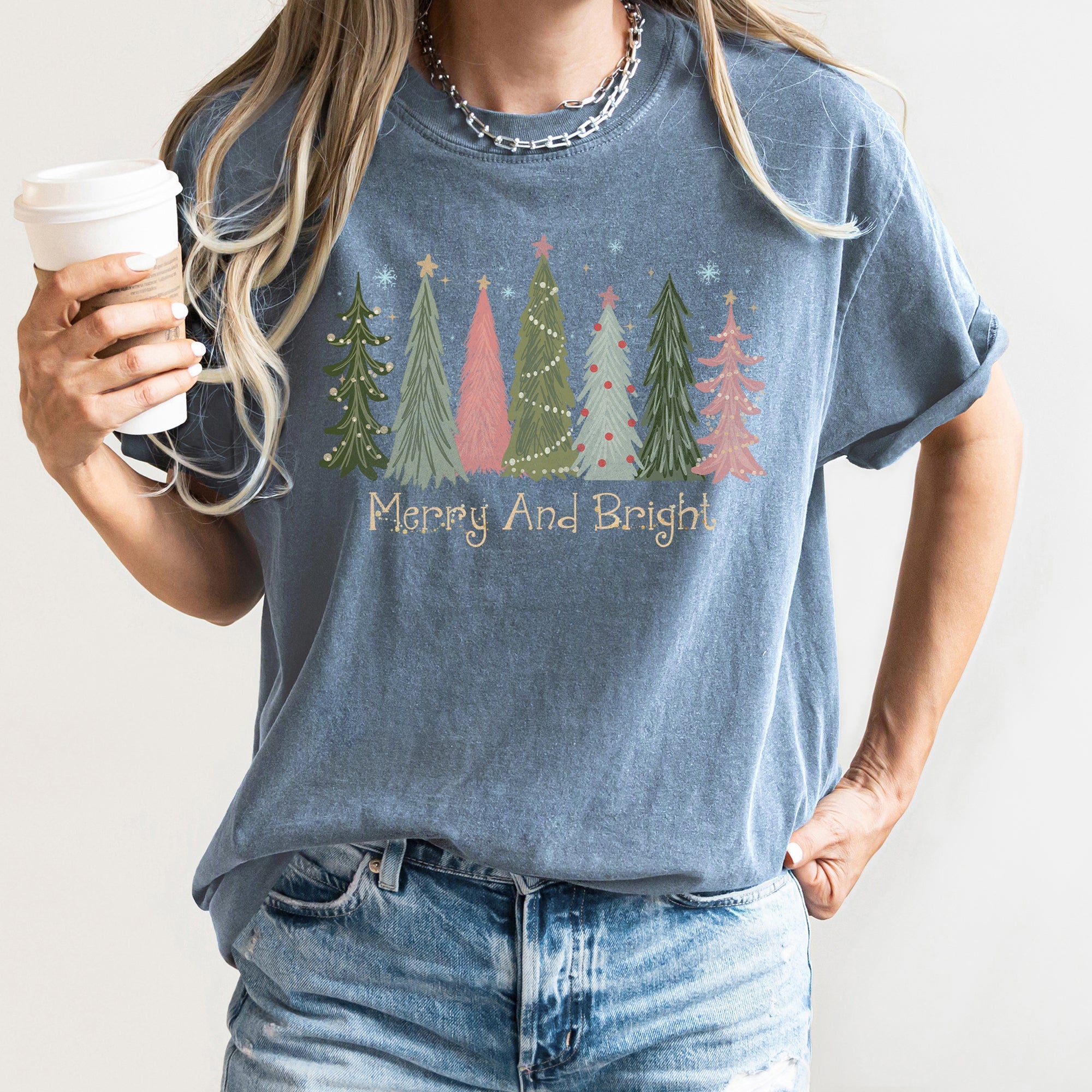 Merry and Bright Christmas Trees, Snowflakes, Stars, Decorations Comfort Colors Tee