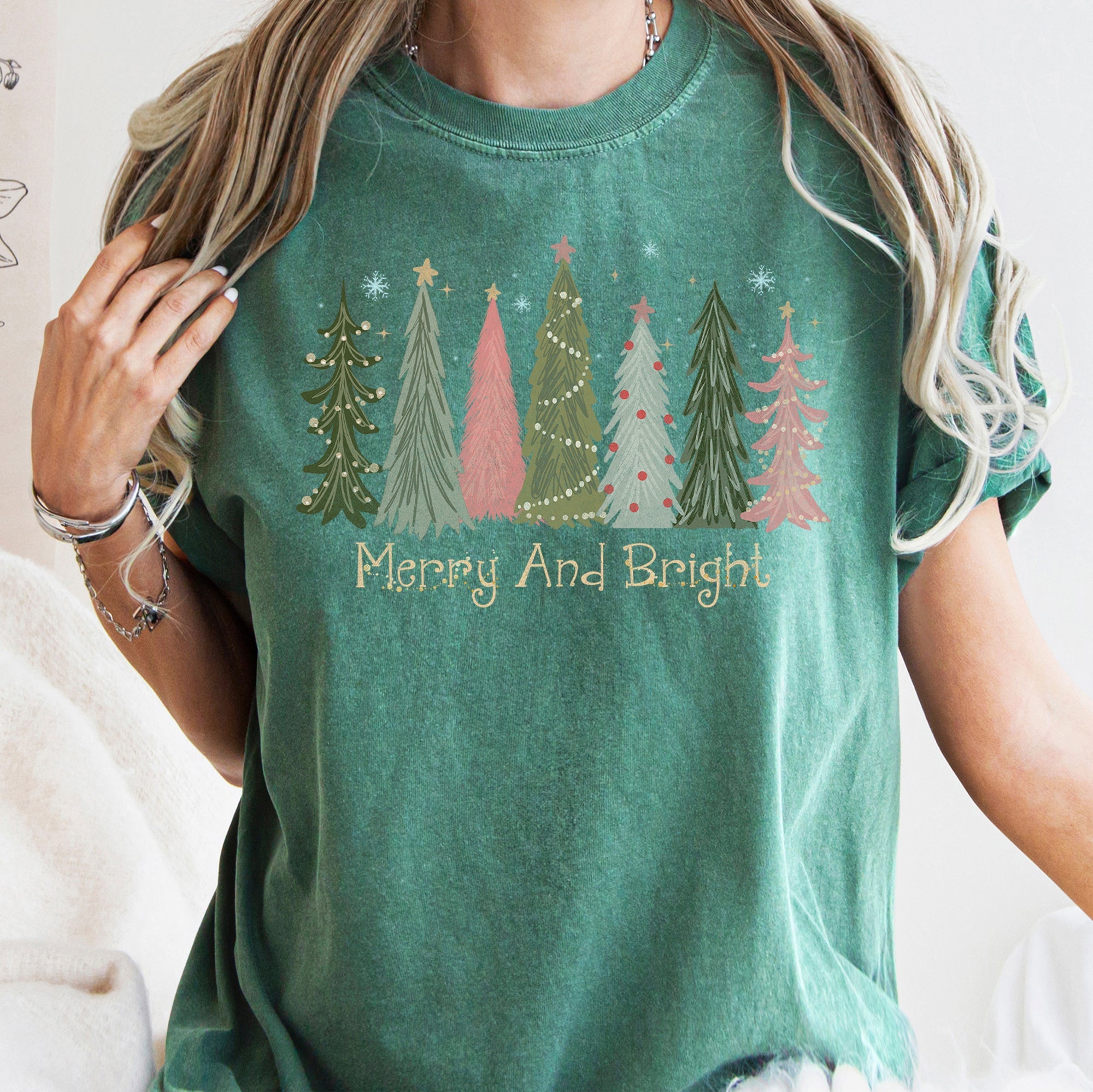 Merry and Bright Christmas Trees, Snowflakes, Stars, Decorations Comfort Colors Tee