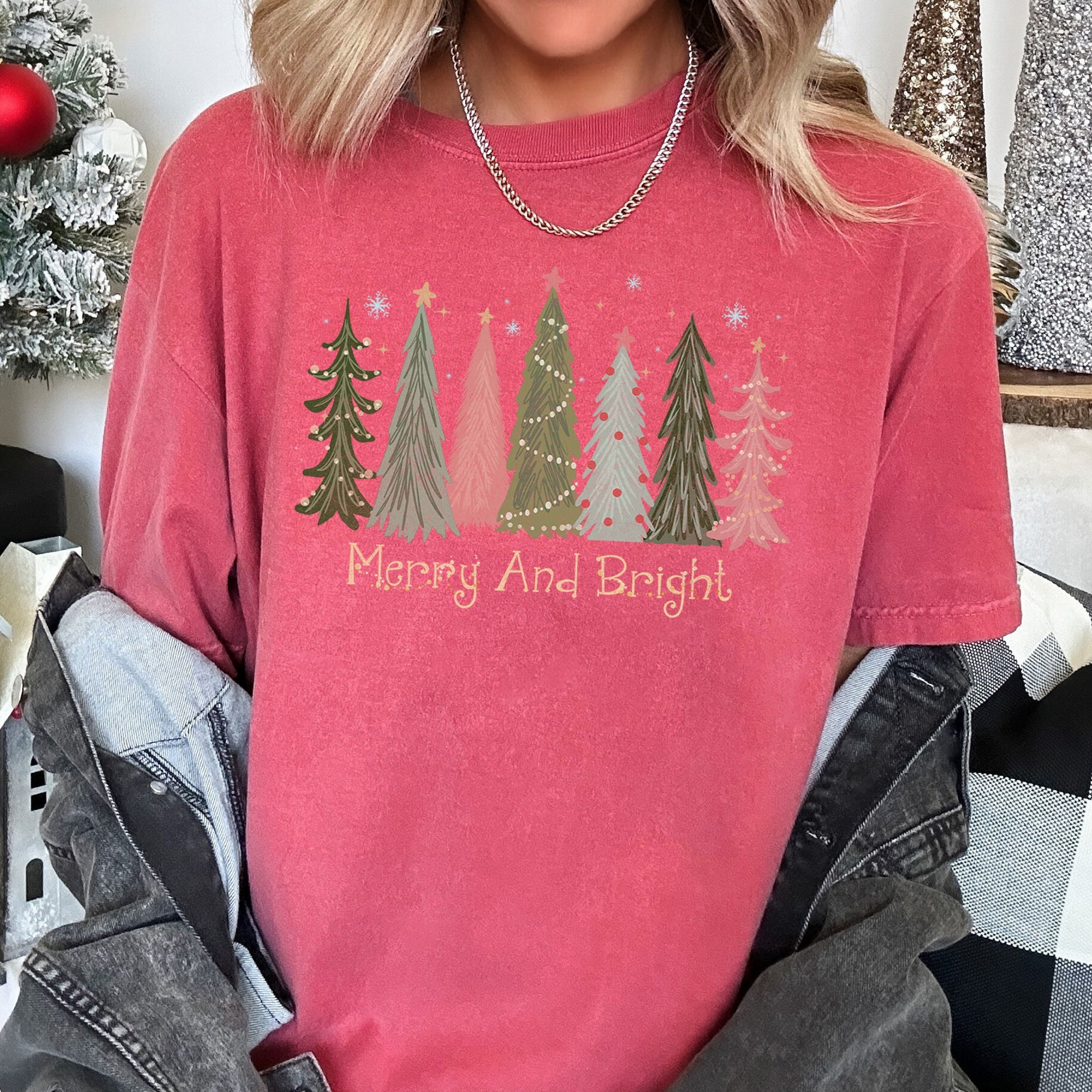 Merry and Bright Christmas Trees, Snowflakes, Stars, Decorations Comfort Colors Tee