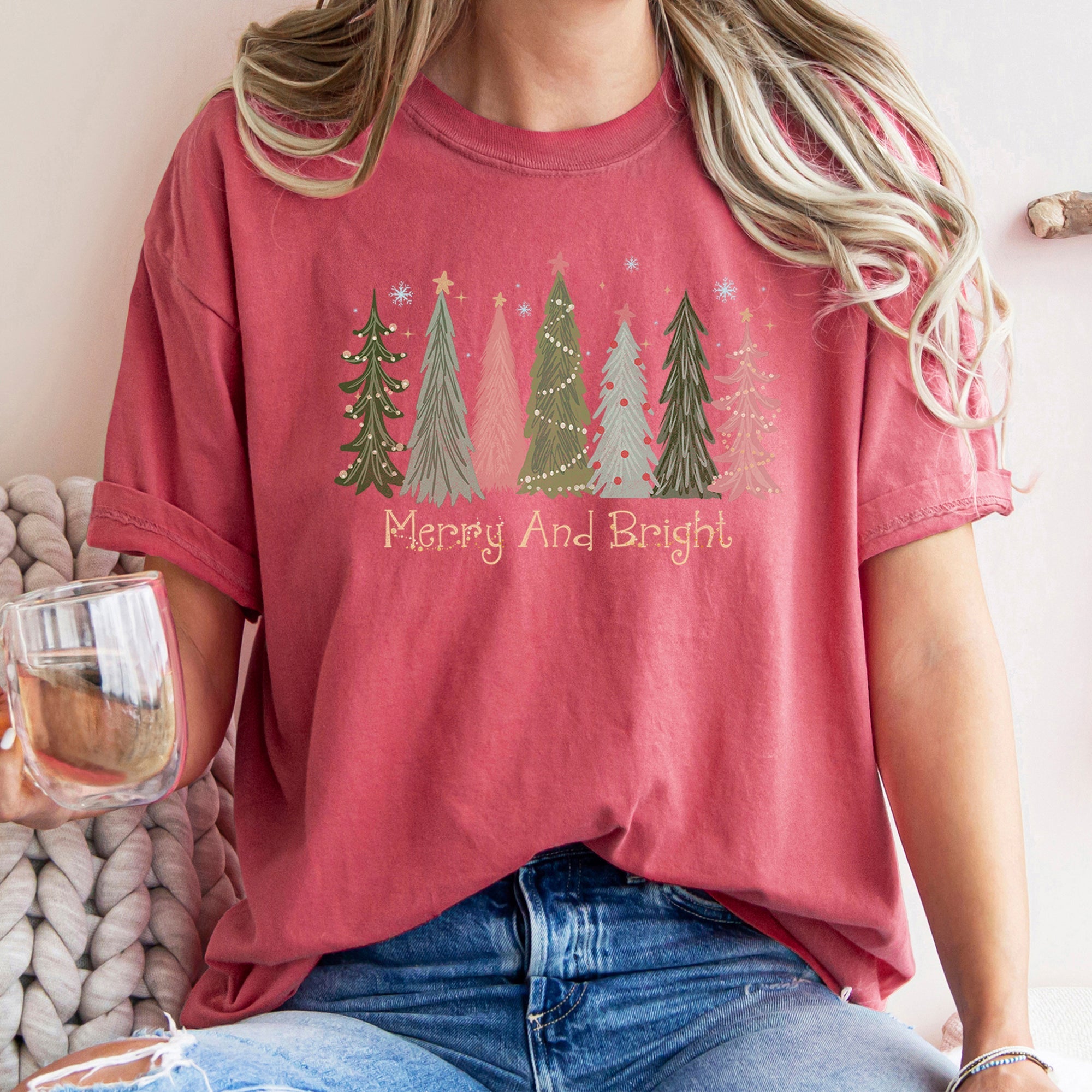 Merry and Bright Christmas Trees, Snowflakes, Stars, Decorations Comfort Colors Tee