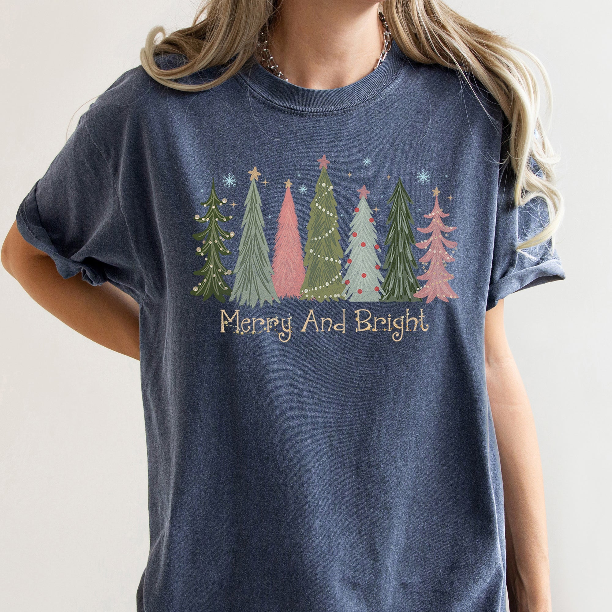 Merry and Bright Christmas Trees, Snowflakes, Stars, Decorations Comfort Colors Tee