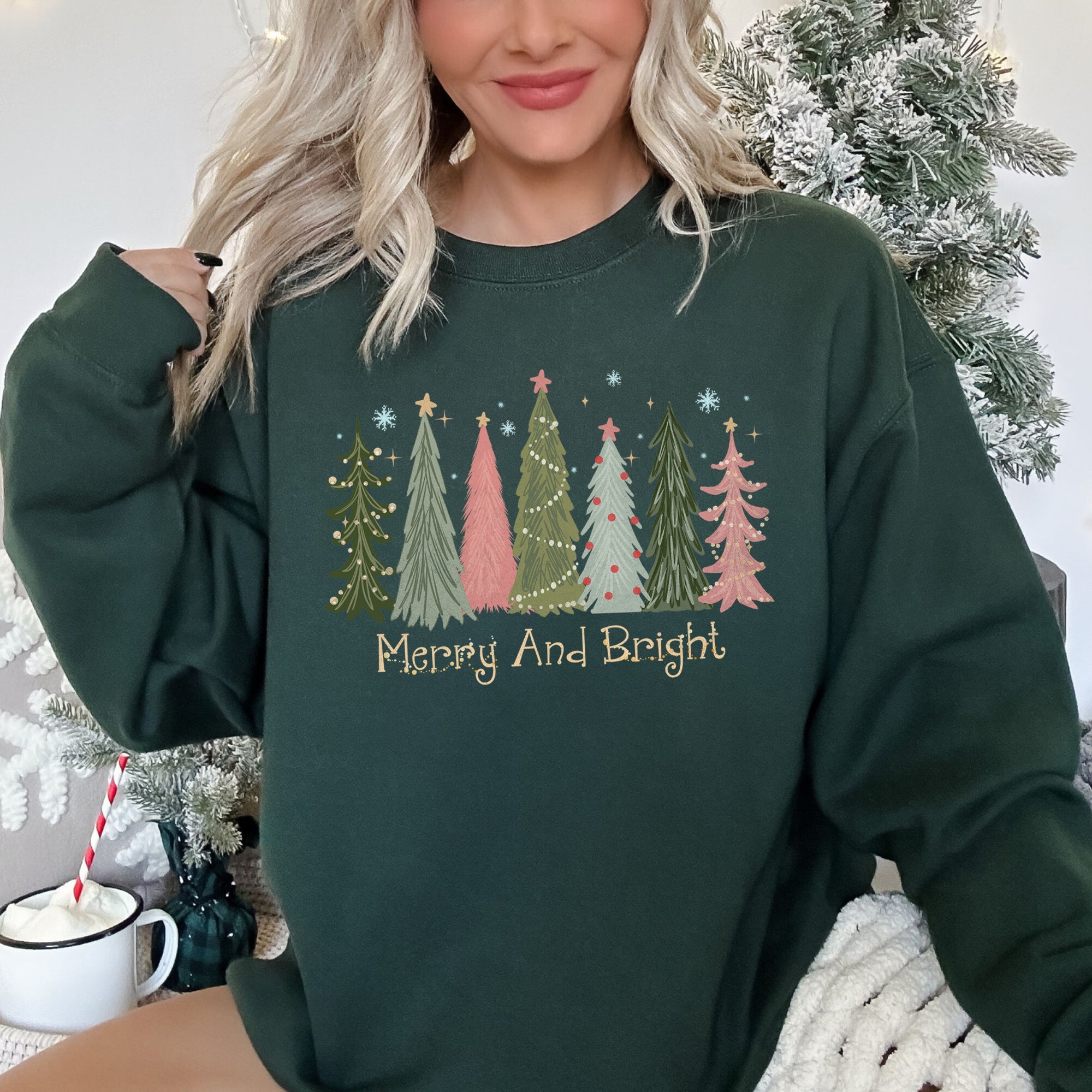 Merry And Bright Christmas Trees Festive Holiday Graphic Scene Cozy Fleece Sweatshirt