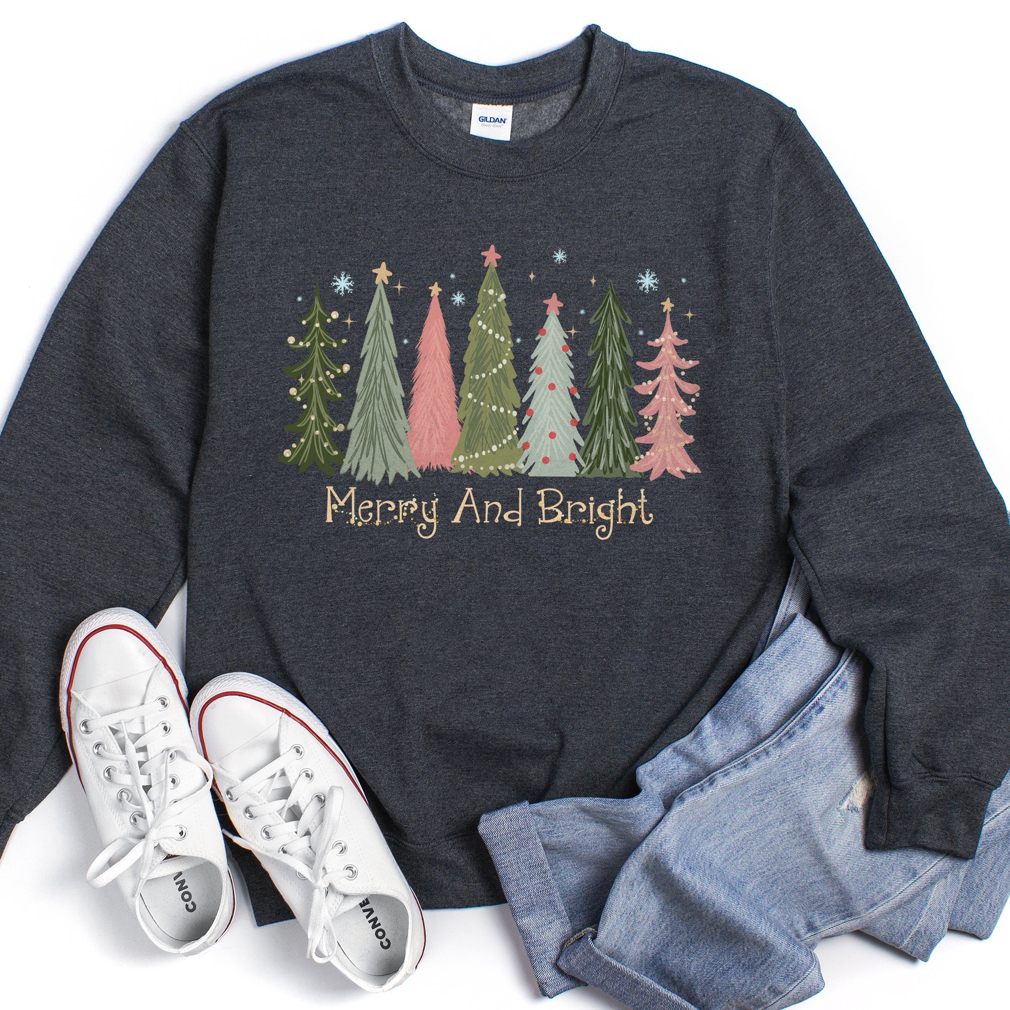 Merry And Bright Christmas Trees Festive Holiday Graphic Scene Cozy Fleece Sweatshirt