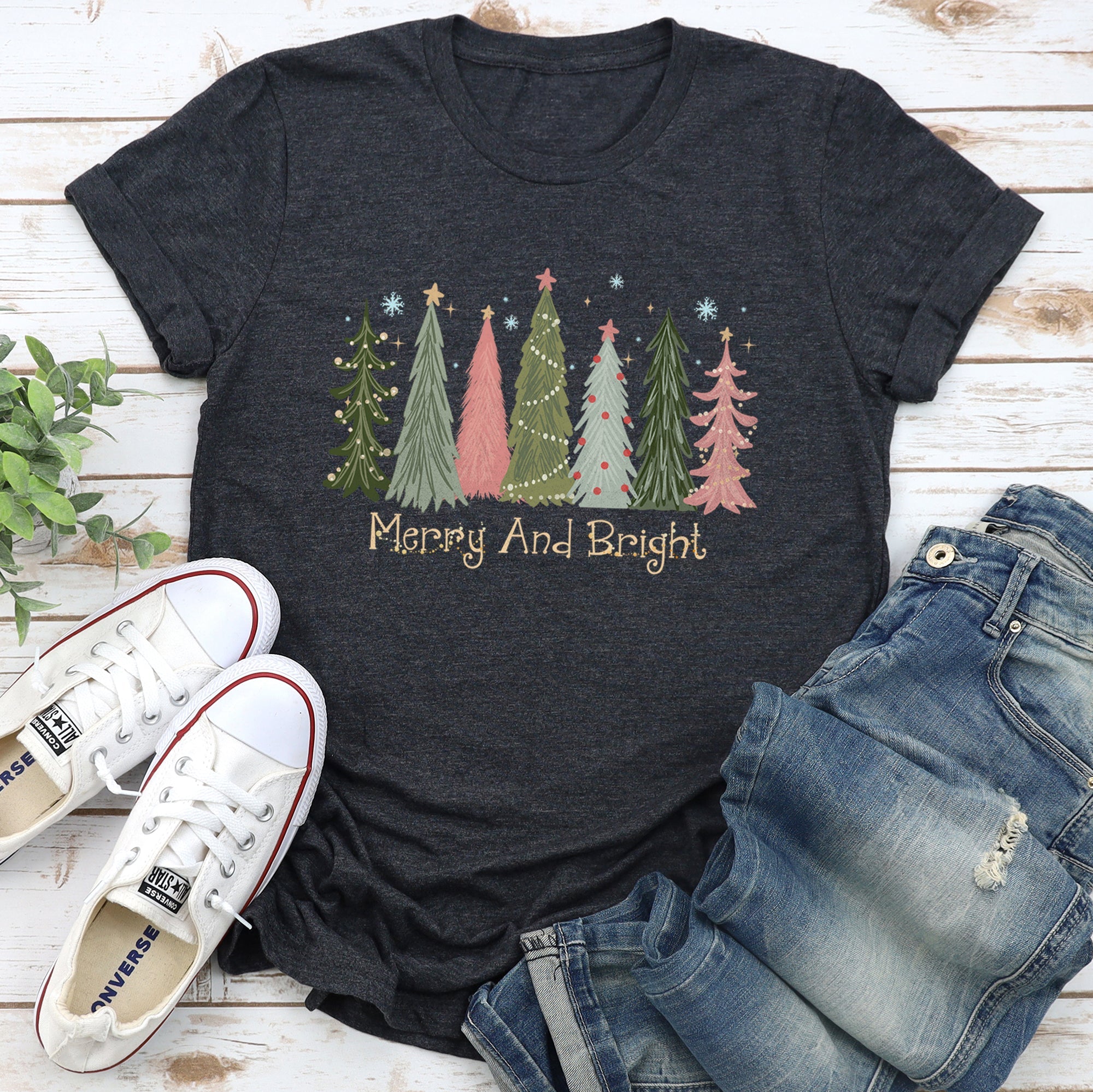 Merry And Bright Christmas Trees Snowflakes Stars Decorations Pink Green Graphic Tee