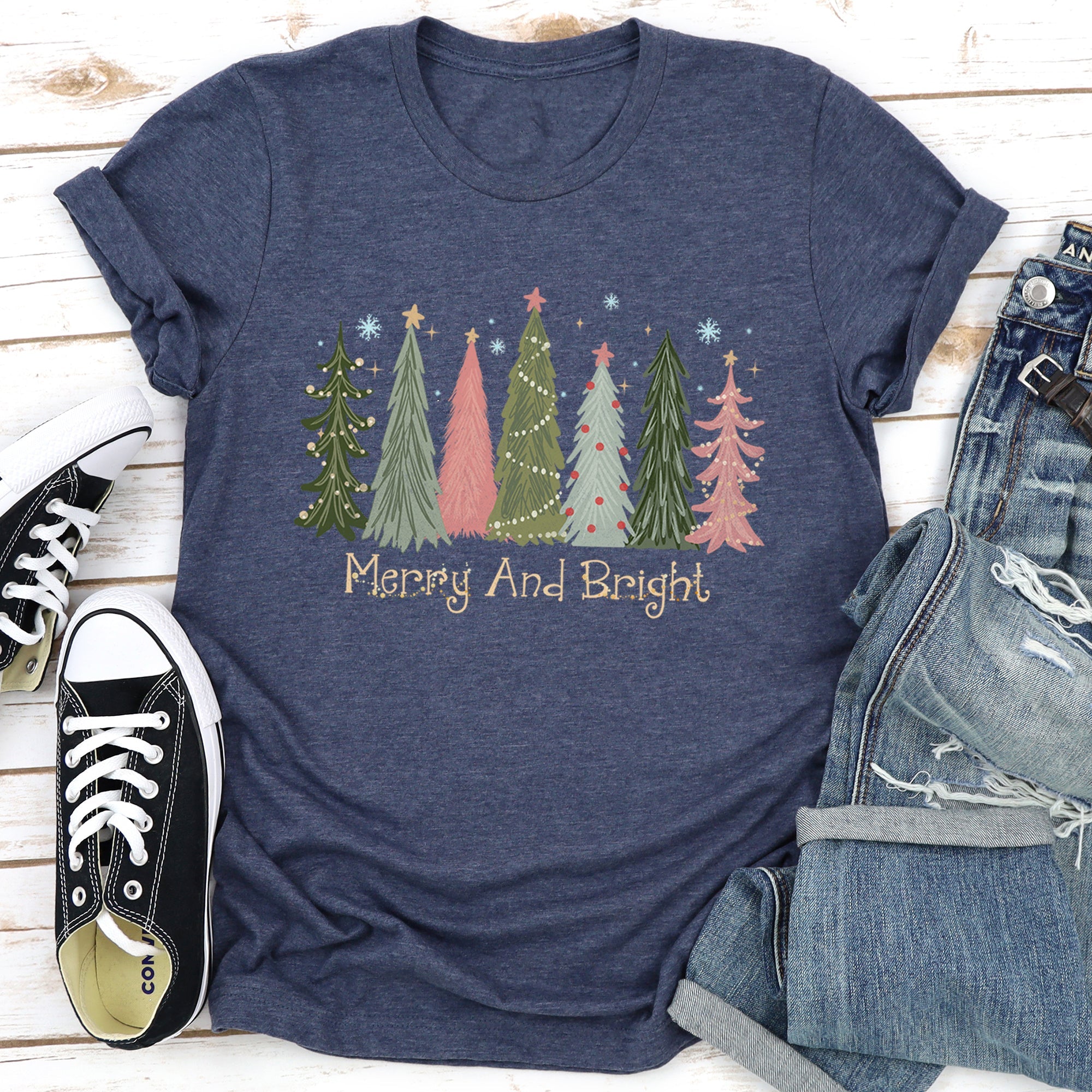 Merry And Bright Christmas Trees Snowflakes Stars Decorations Pink Green Graphic Tee