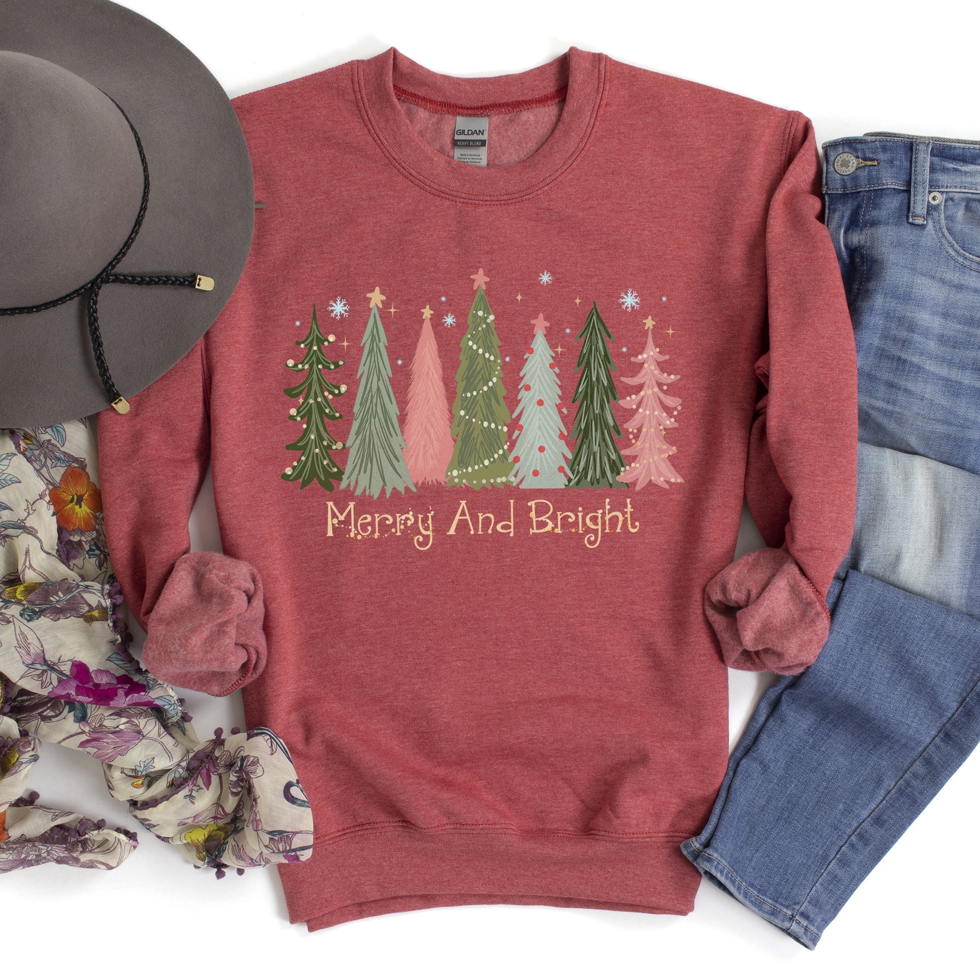 Merry And Bright Christmas Trees Festive Holiday Graphic Scene Cozy Fleece Sweatshirt
