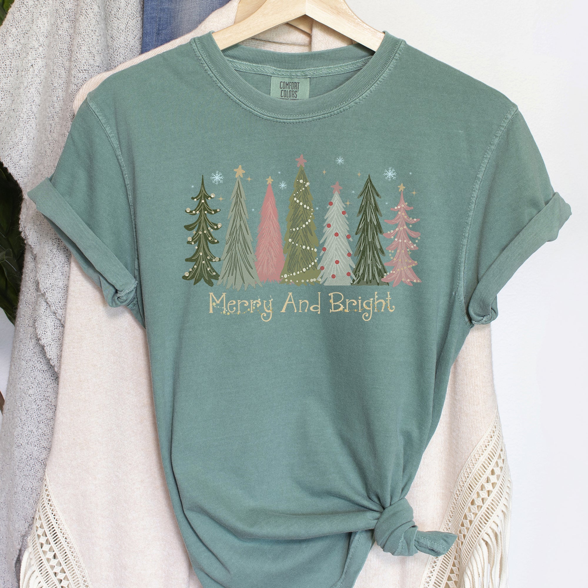 Merry and Bright Christmas Trees, Snowflakes, Stars, Decorations Comfort Colors Tee
