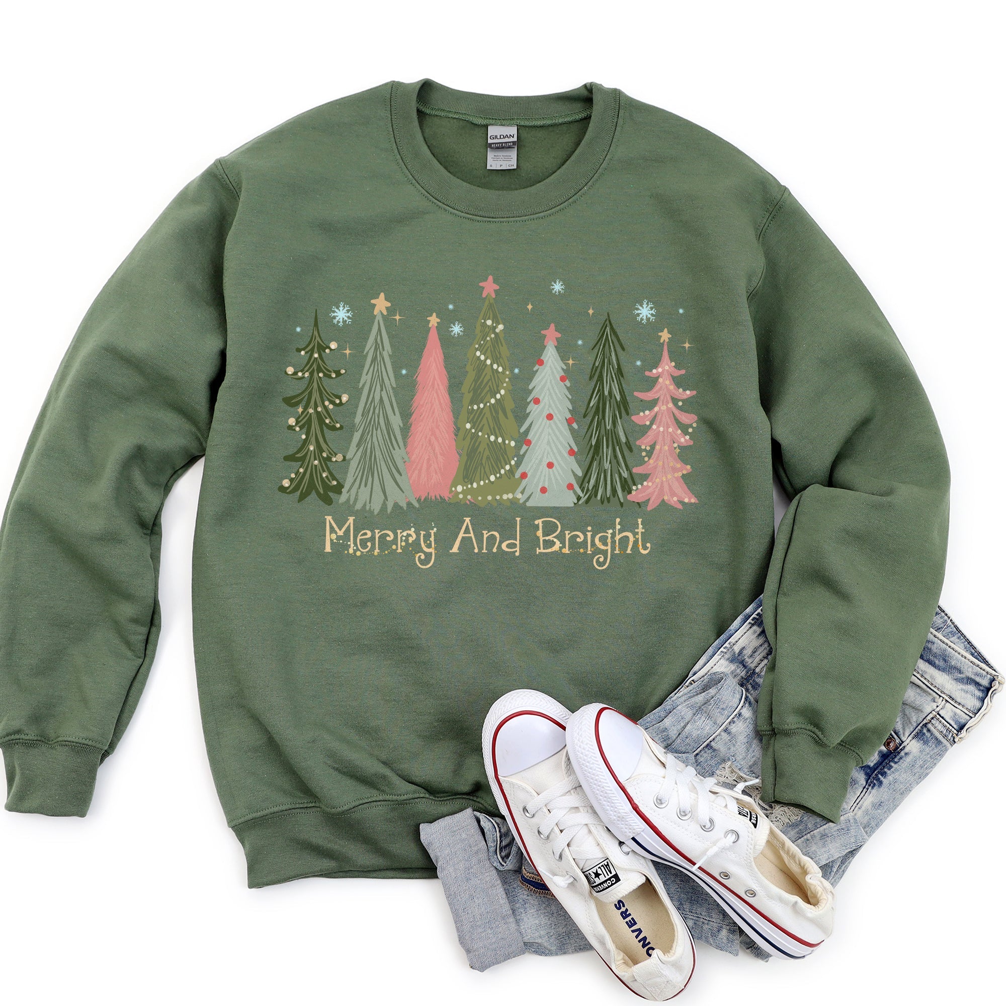 Merry And Bright Christmas Trees Festive Holiday Graphic Scene Cozy Fleece Sweatshirt