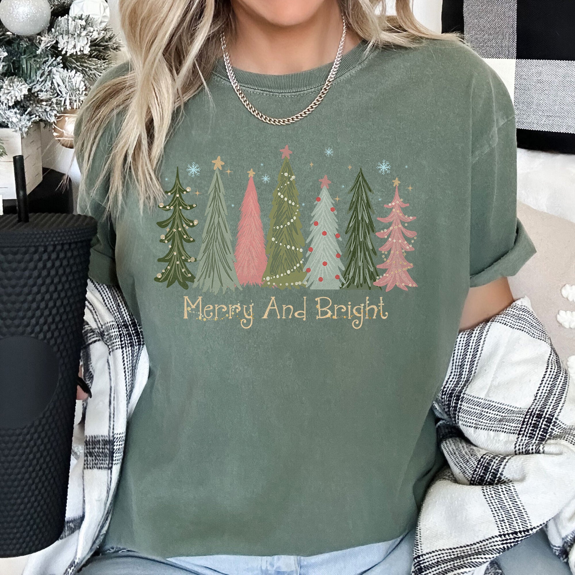 Merry and Bright Christmas Trees, Snowflakes, Stars, Decorations Comfort Colors Tee
