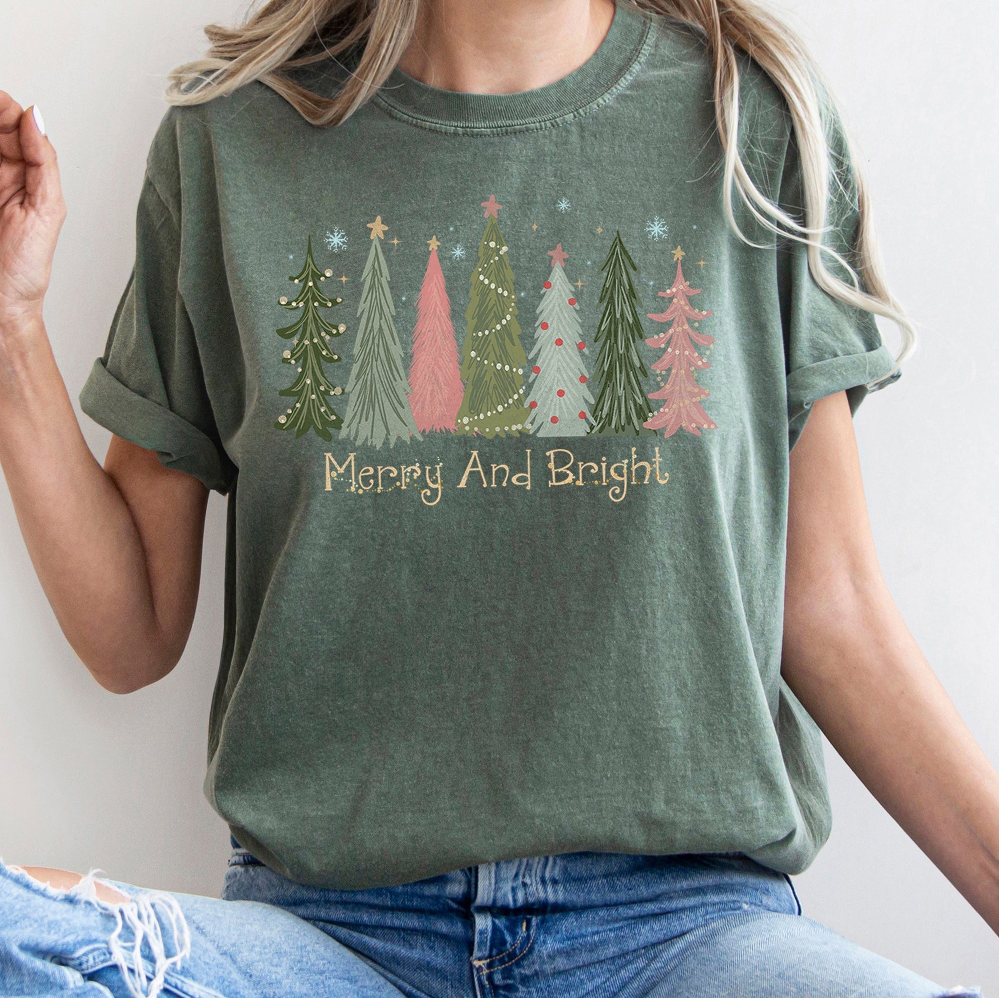 Merry and Bright Christmas Trees, Snowflakes, Stars, Decorations Comfort Colors Tee