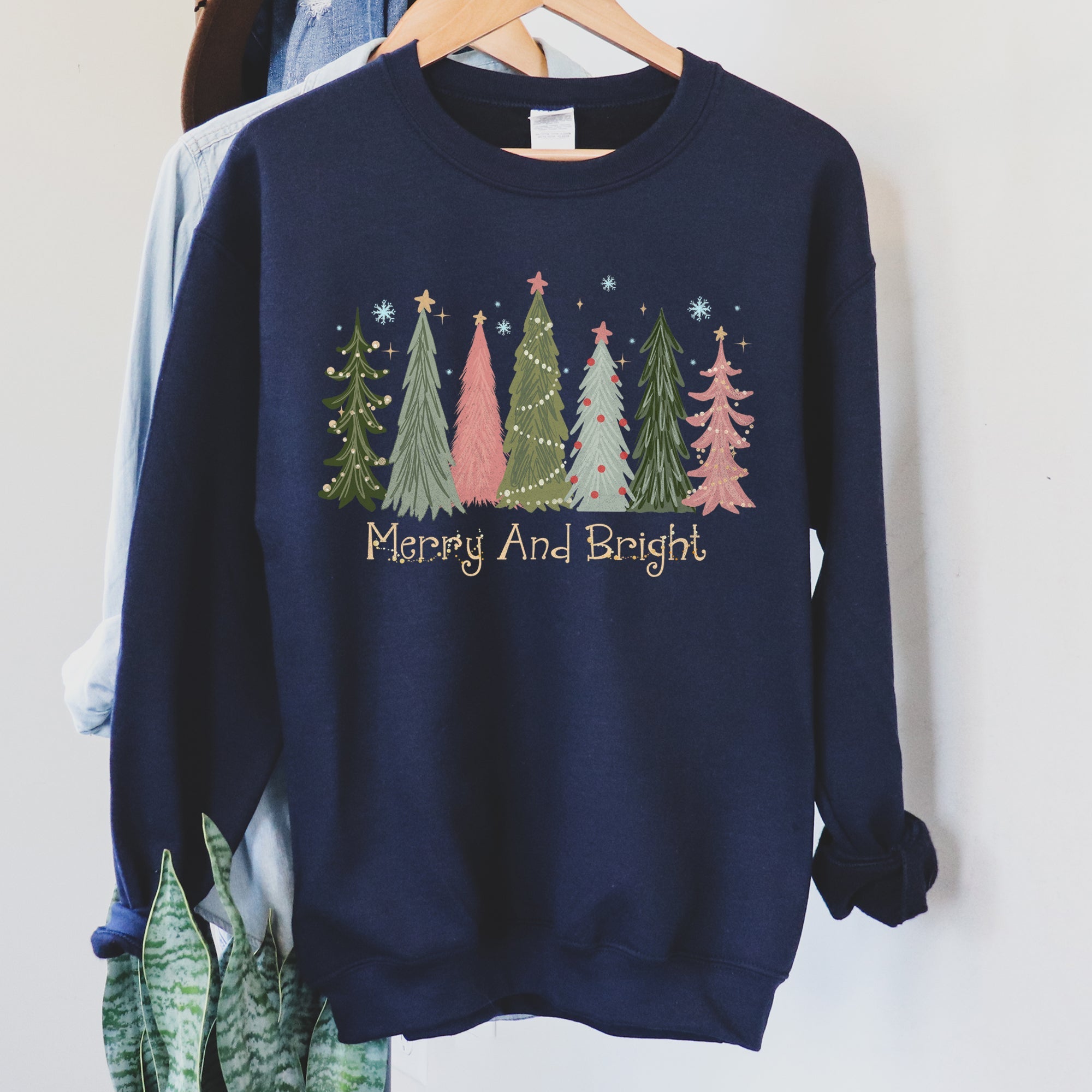 Merry And Bright Christmas Trees Festive Holiday Graphic Scene Cozy Fleece Sweatshirt