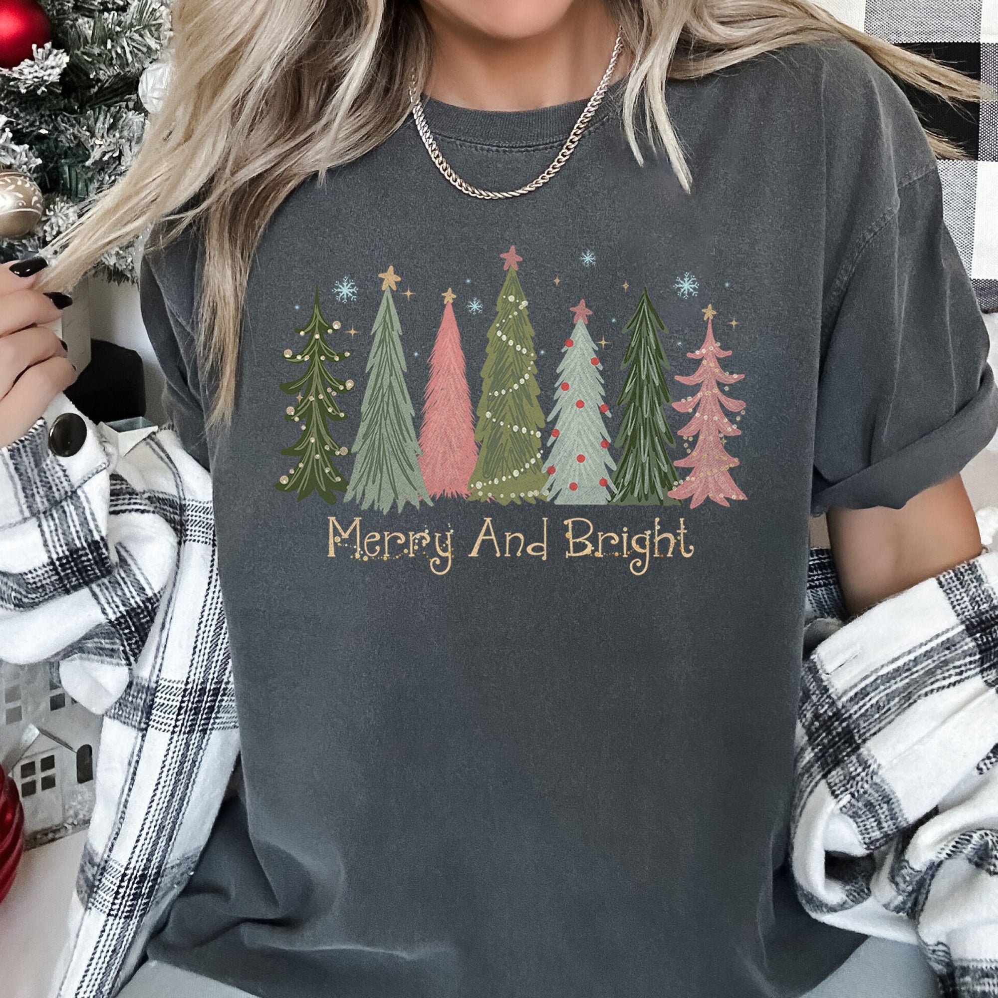 Merry and Bright Christmas Trees, Snowflakes, Stars, Decorations Comfort Colors Tee
