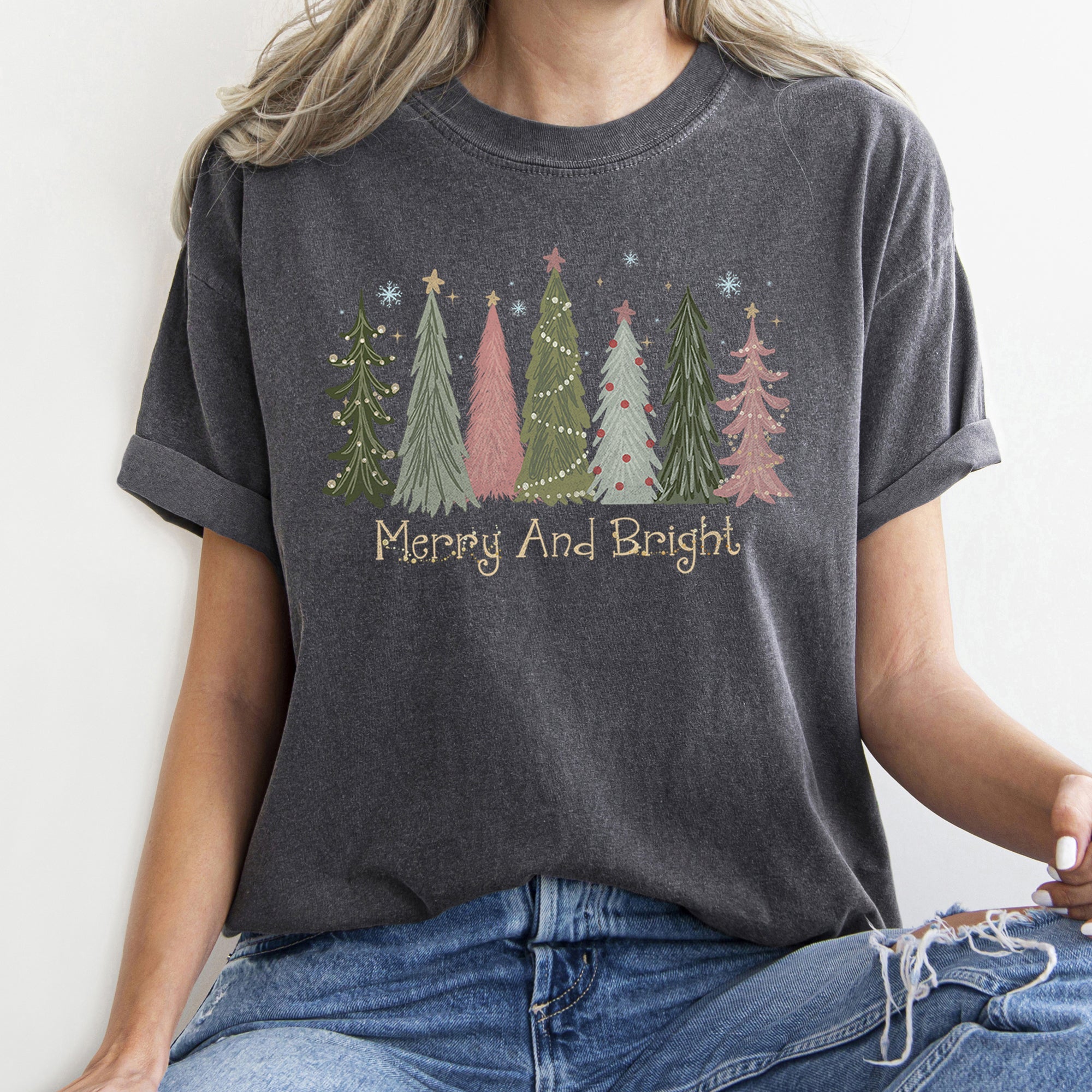 Merry and Bright Christmas Trees, Snowflakes, Stars, Decorations Comfort Colors Tee