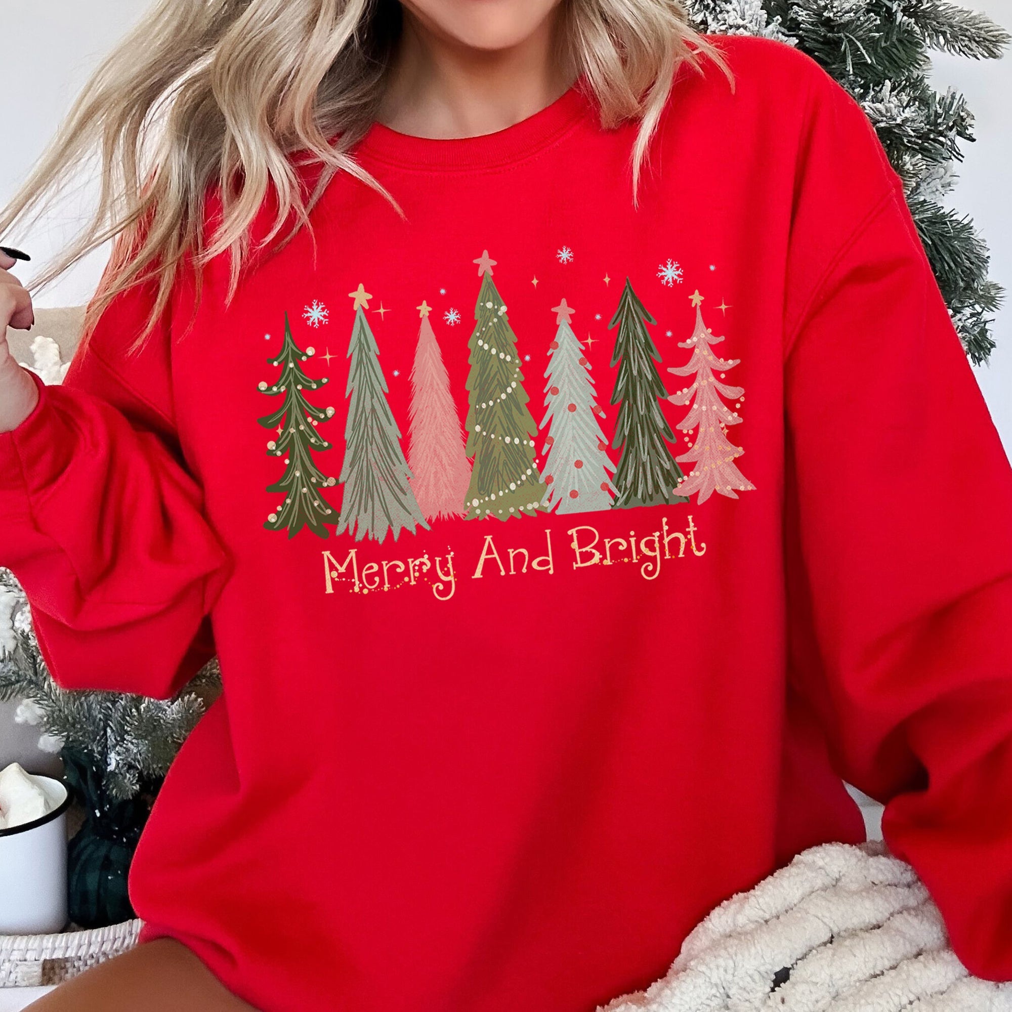 Merry And Bright Christmas Trees Festive Holiday Graphic Scene Cozy Fleece Sweatshirt