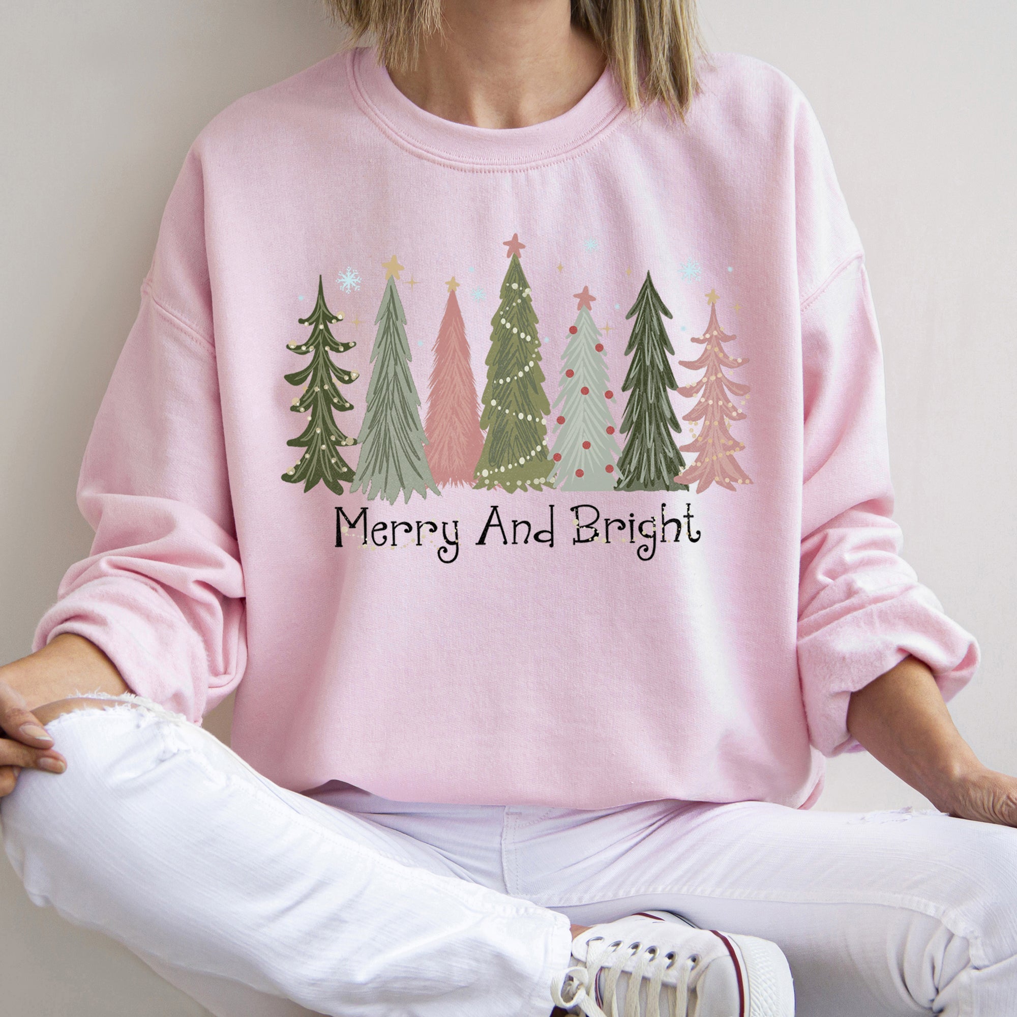 Merry And Bright Christmas Trees Festive Winter Forest Ornament Pattern With Lights Sweatshirt