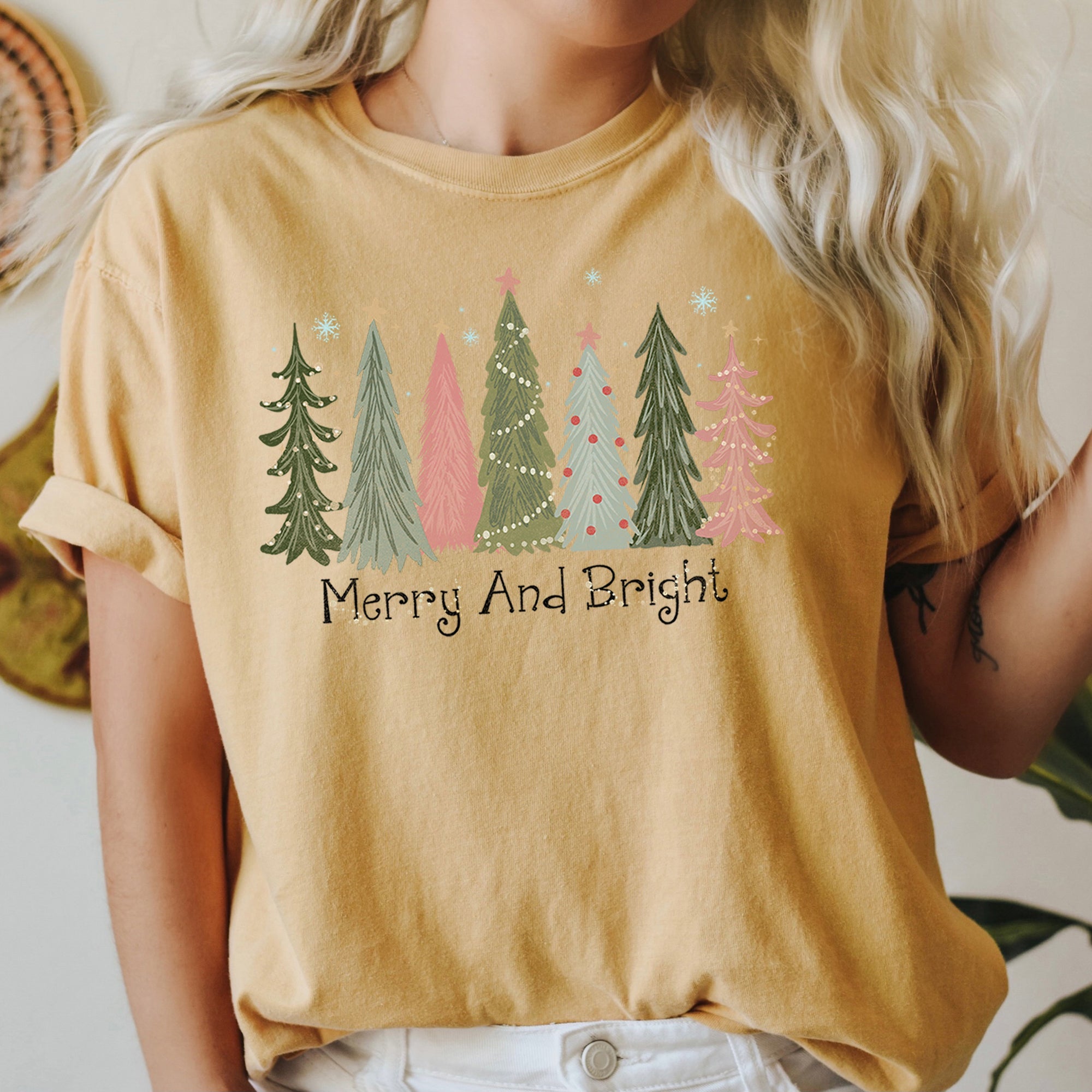 Merry and Bright Christmas Trees, Snowflakes, Stars, Decorations Comfort Colors Tee