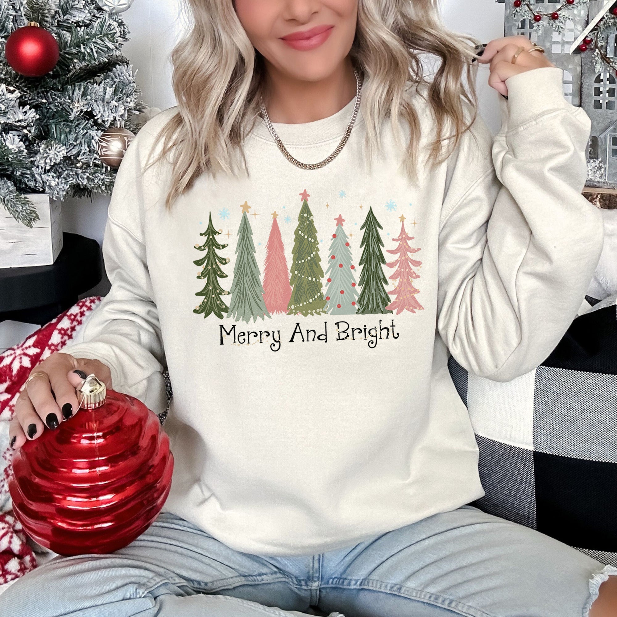 Merry And Bright Christmas Trees Festive Winter Forest Ornament Pattern With Lights Sweatshirt