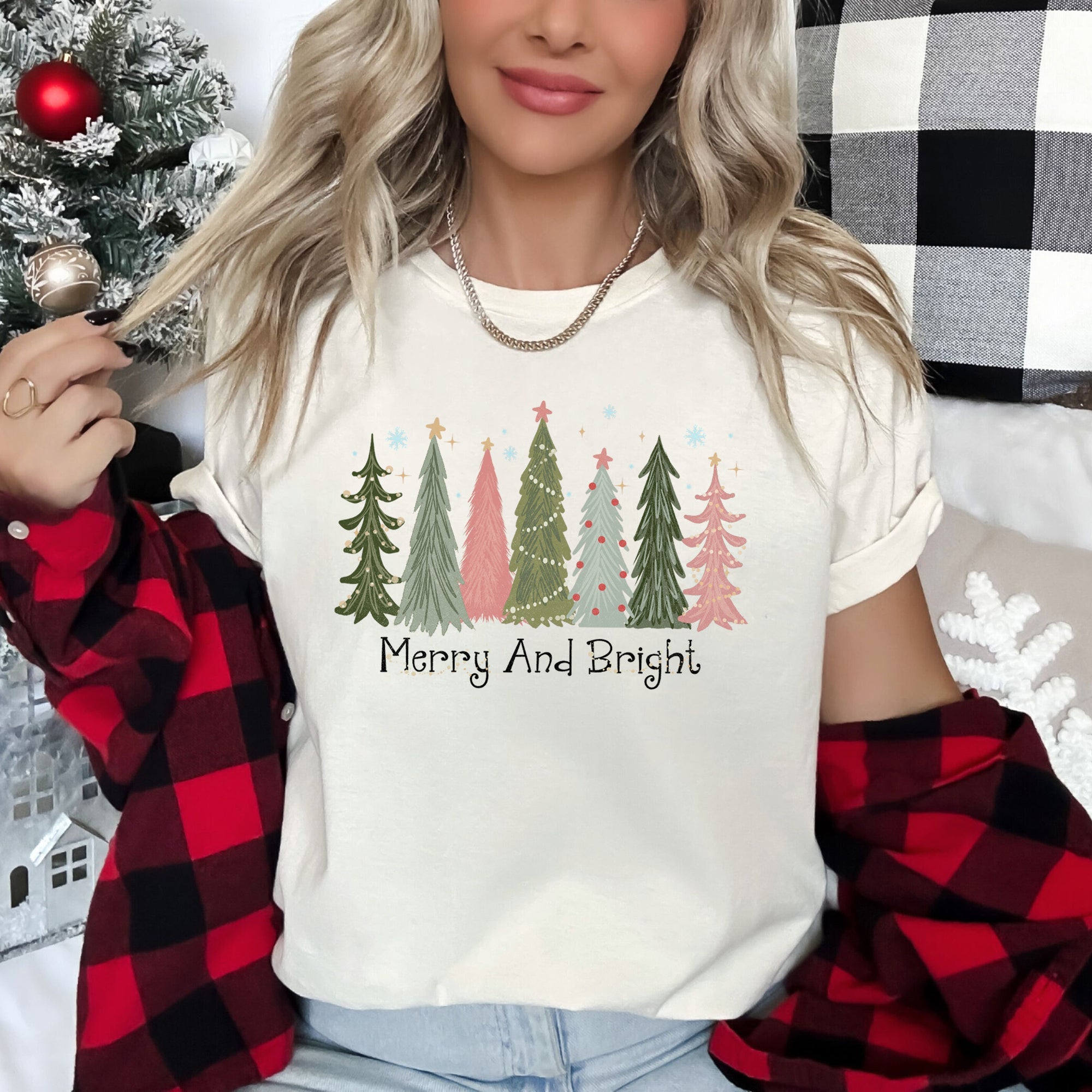 Merry And Bright Christmas Trees Snowflakes Stars Decorations Pink Green Graphic Tee