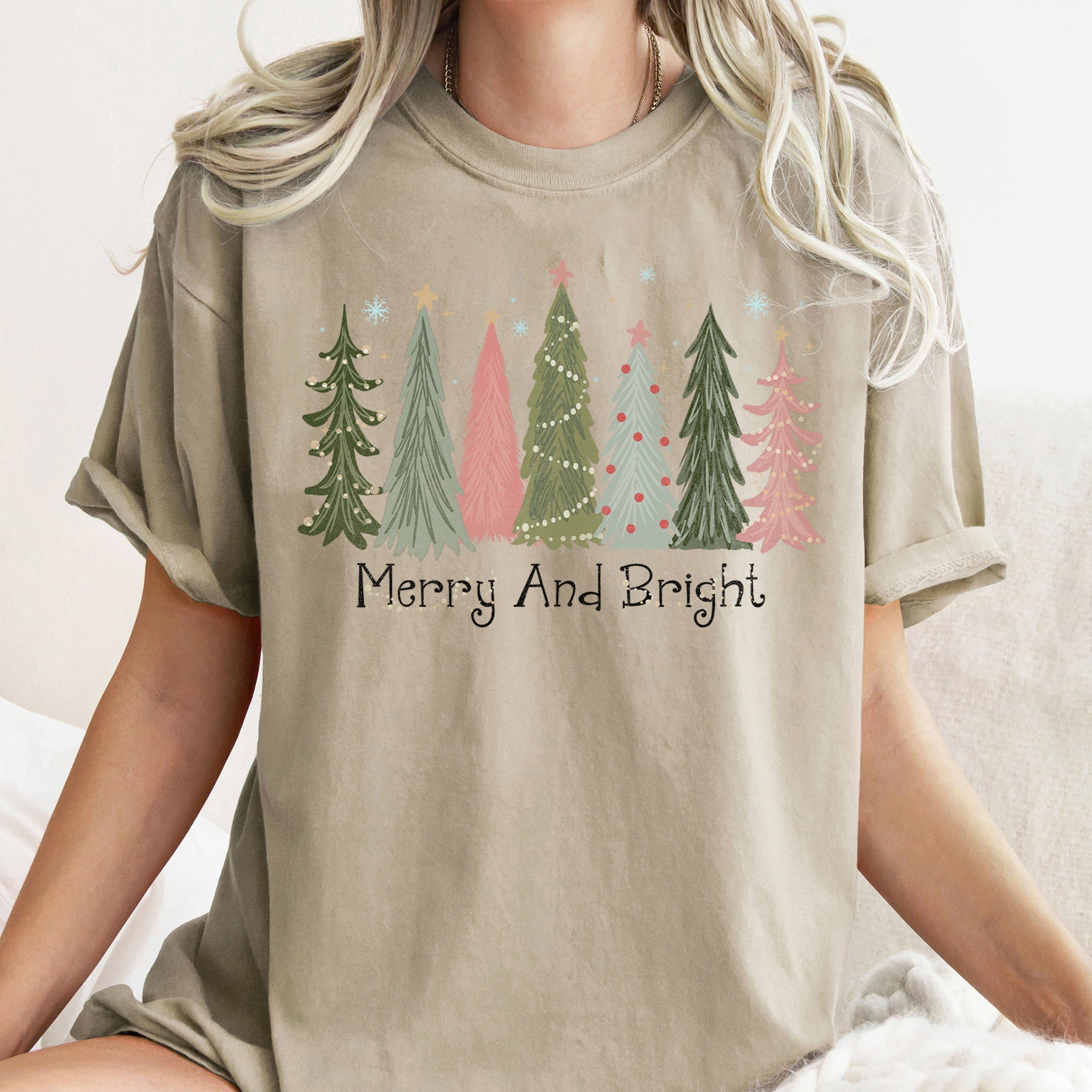 Merry and Bright Christmas Trees, Snowflakes, Stars, Decorations Comfort Colors Tee