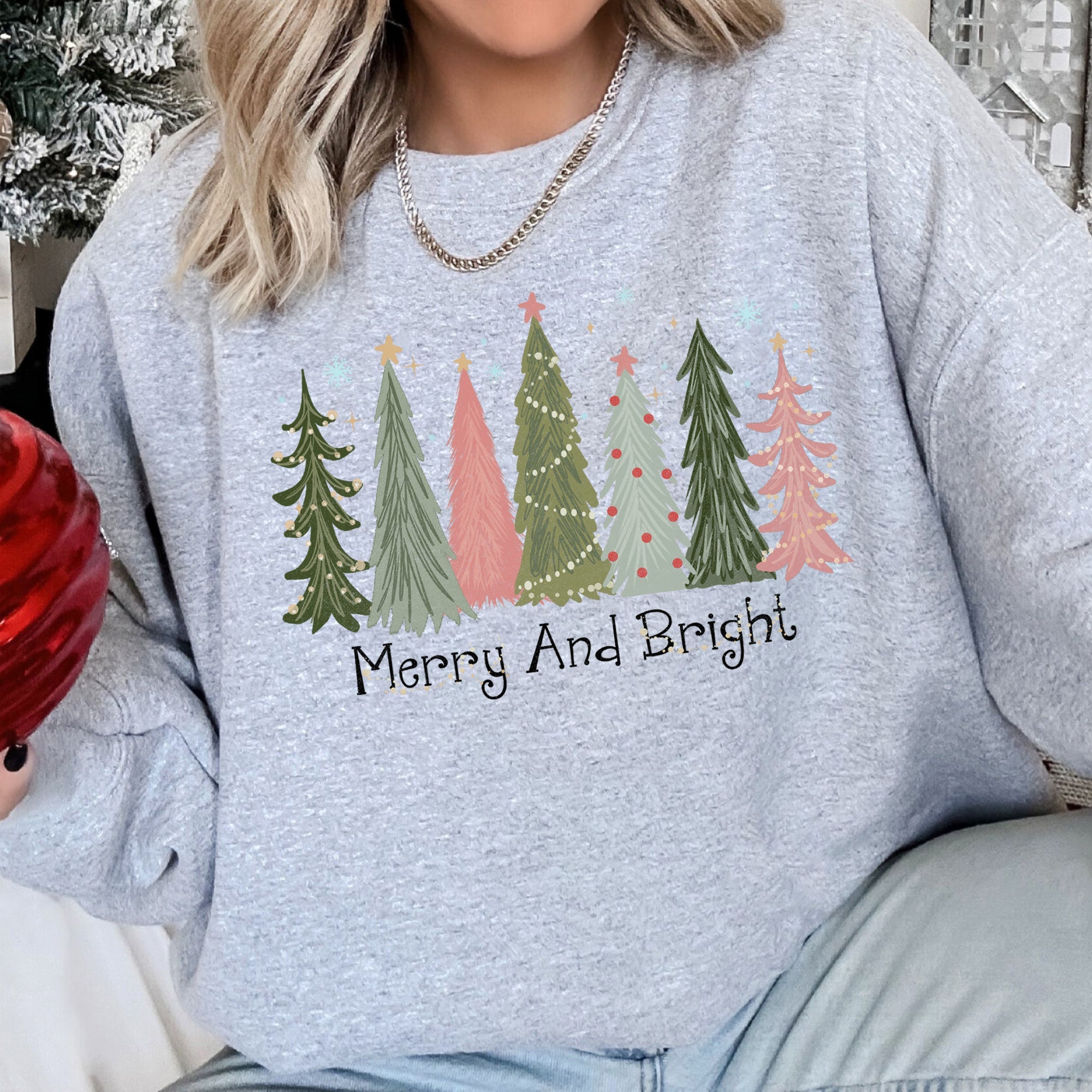 Merry And Bright Christmas Trees Festive Winter Forest Ornament Pattern With Lights Sweatshirt