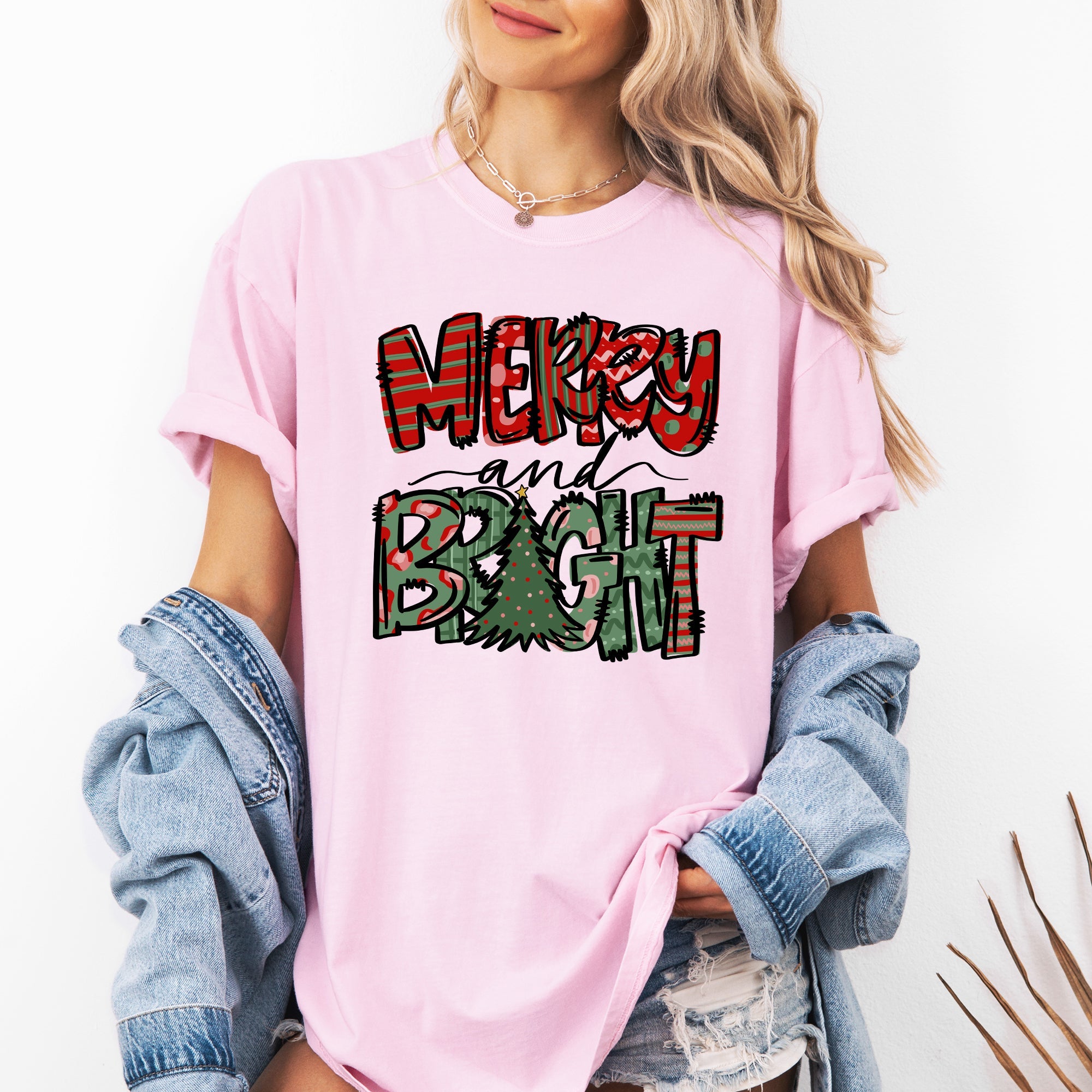 Merry and Bright Christmas Tree Colorful Winter Xmas Santa Holiday Comfort Colors Tee
