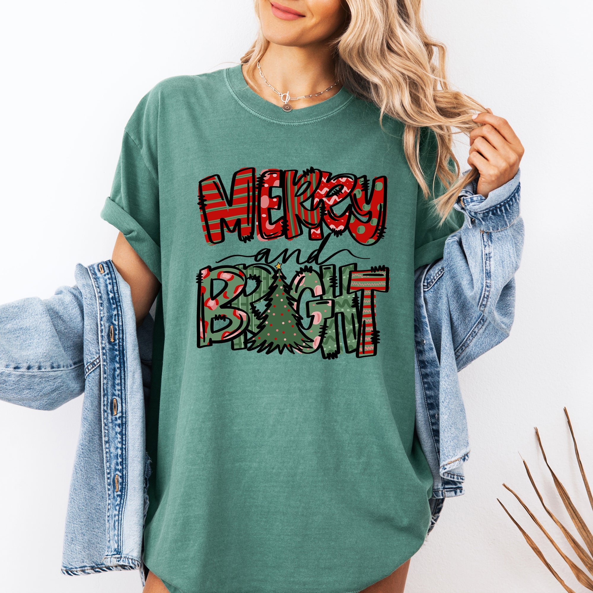 Merry and Bright Christmas Tree Colorful Winter Xmas Santa Holiday Comfort Colors Tee