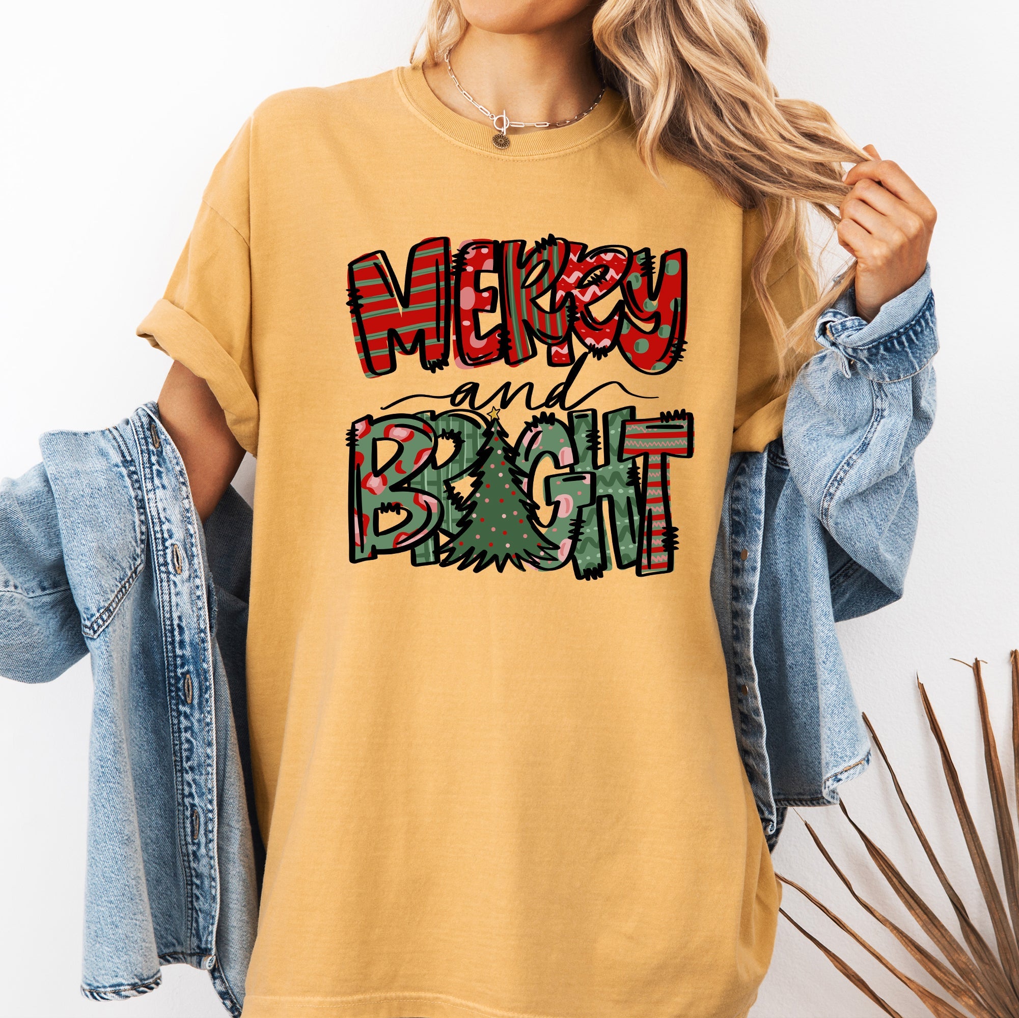 Merry and Bright Christmas Tree Colorful Winter Xmas Santa Holiday Comfort Colors Tee