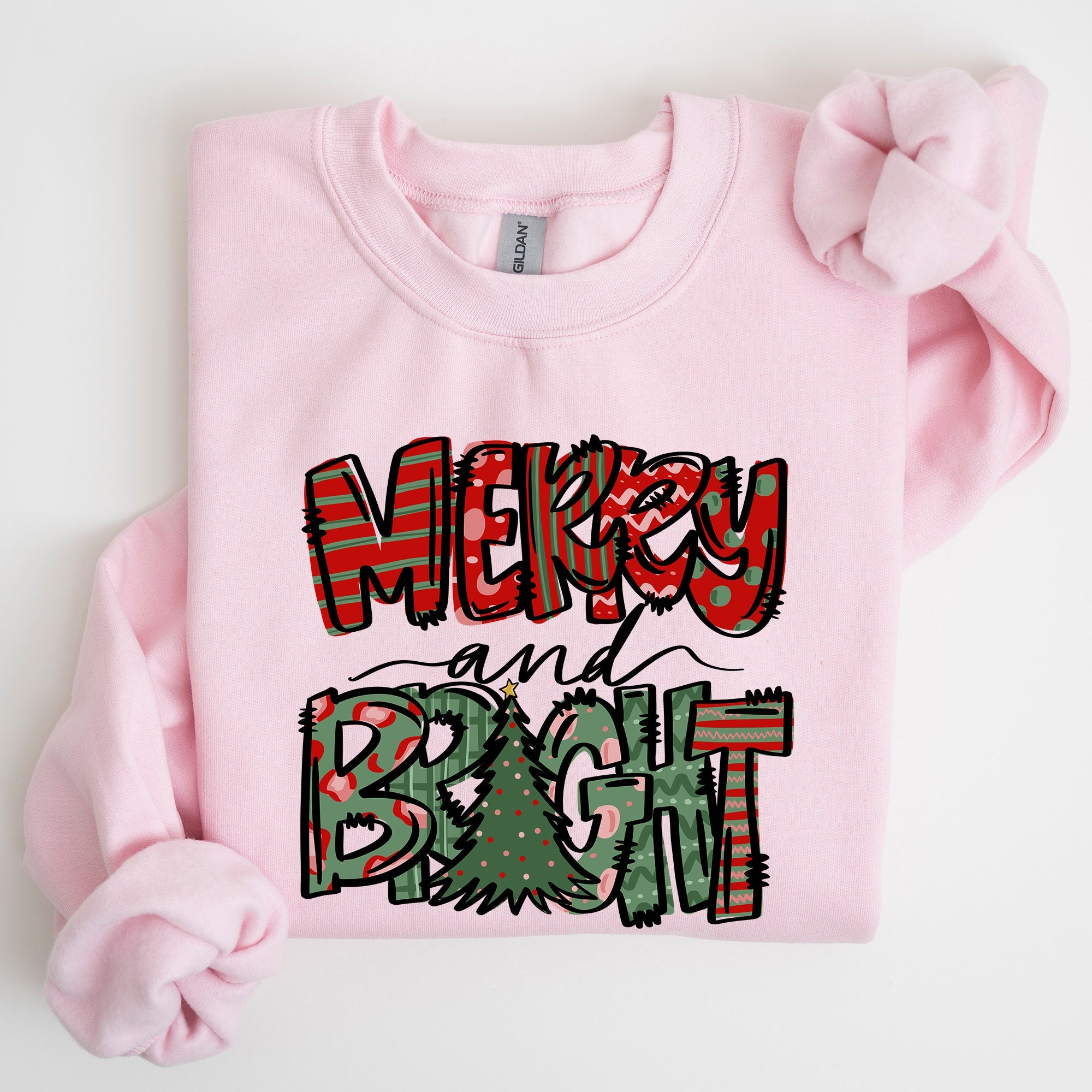 Merry And Bright Christmas Tree Santa Colorful Winter Xmas Noel Jolly Holiday Scene Sweatshirt