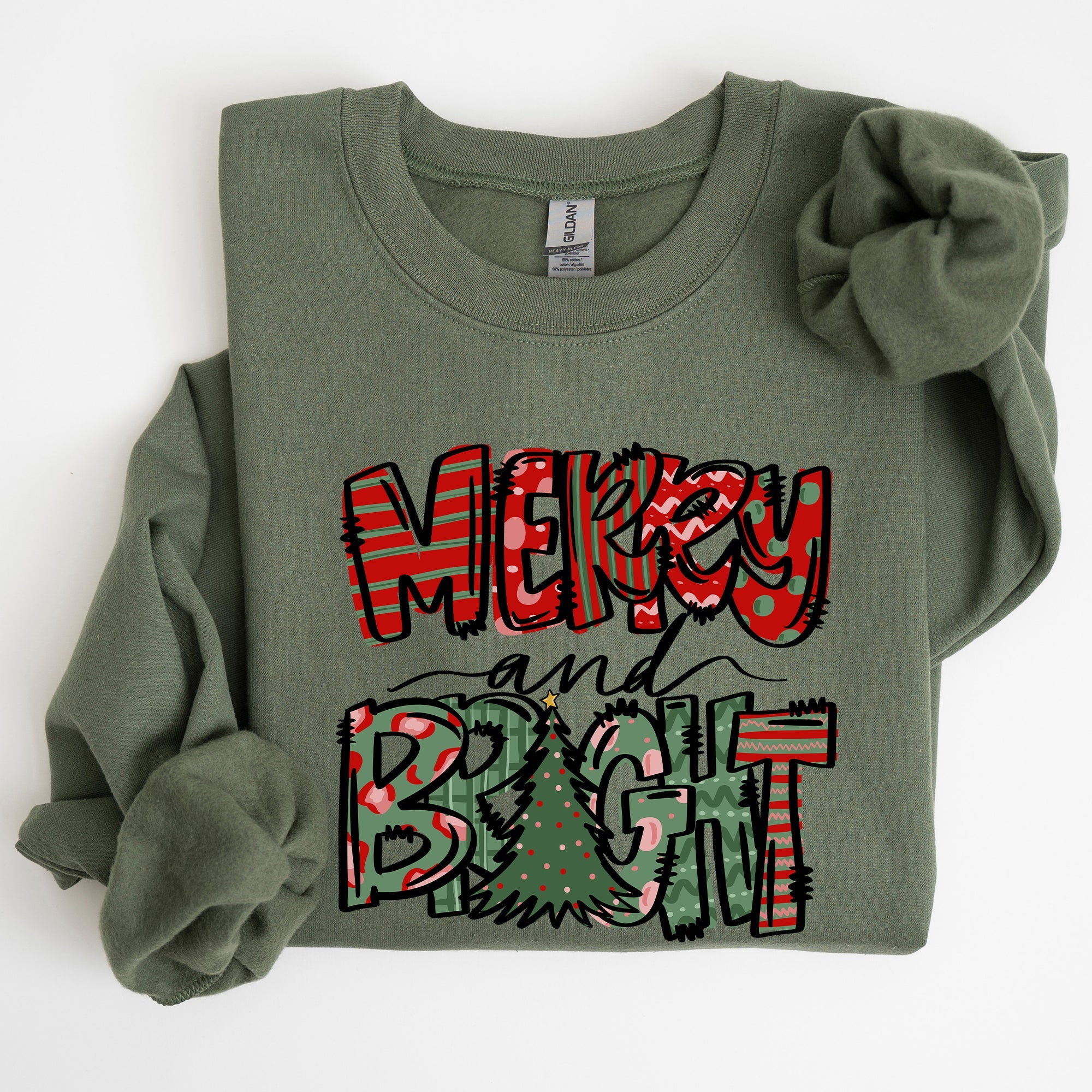 Merry And Bright Christmas Tree Santa Colorful Winter Xmas Noel Jolly Holiday Scene Sweatshirt