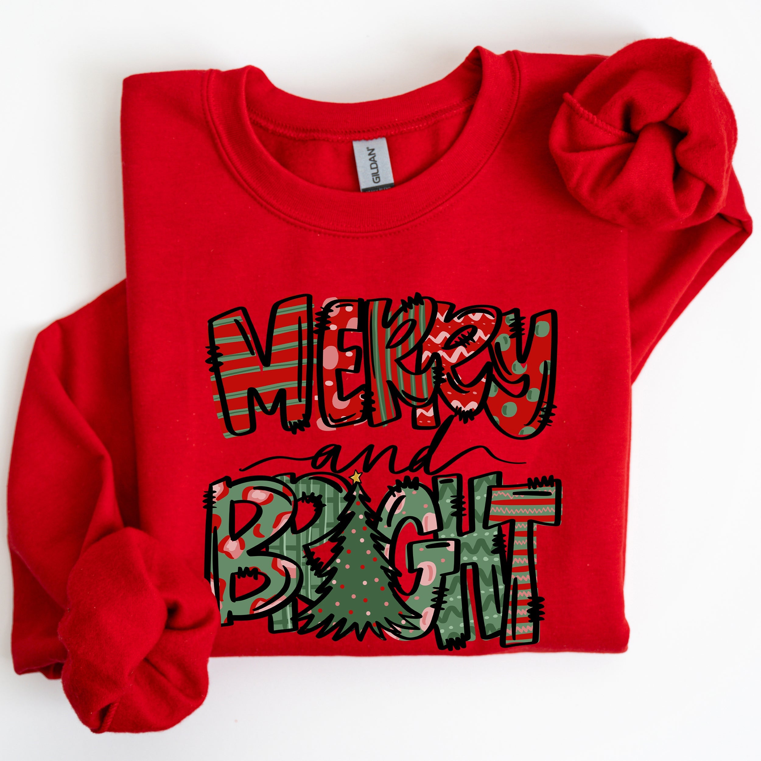 Merry And Bright Christmas Tree Santa Colorful Winter Xmas Noel Jolly Holiday Scene Sweatshirt