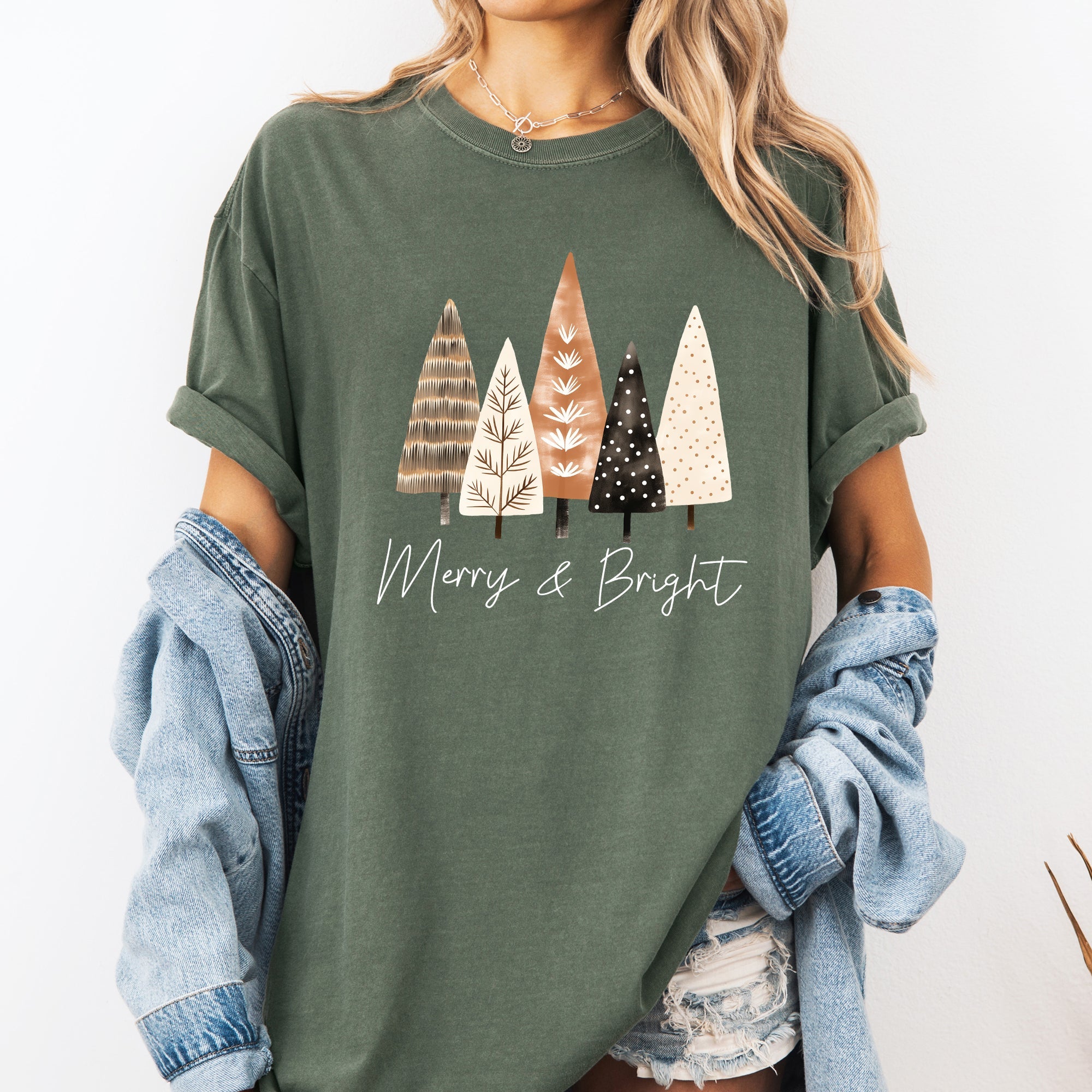 Merry and Bright Christmas Trees Hygge Winter Santa Snow Xmas Comfort Colors Tee