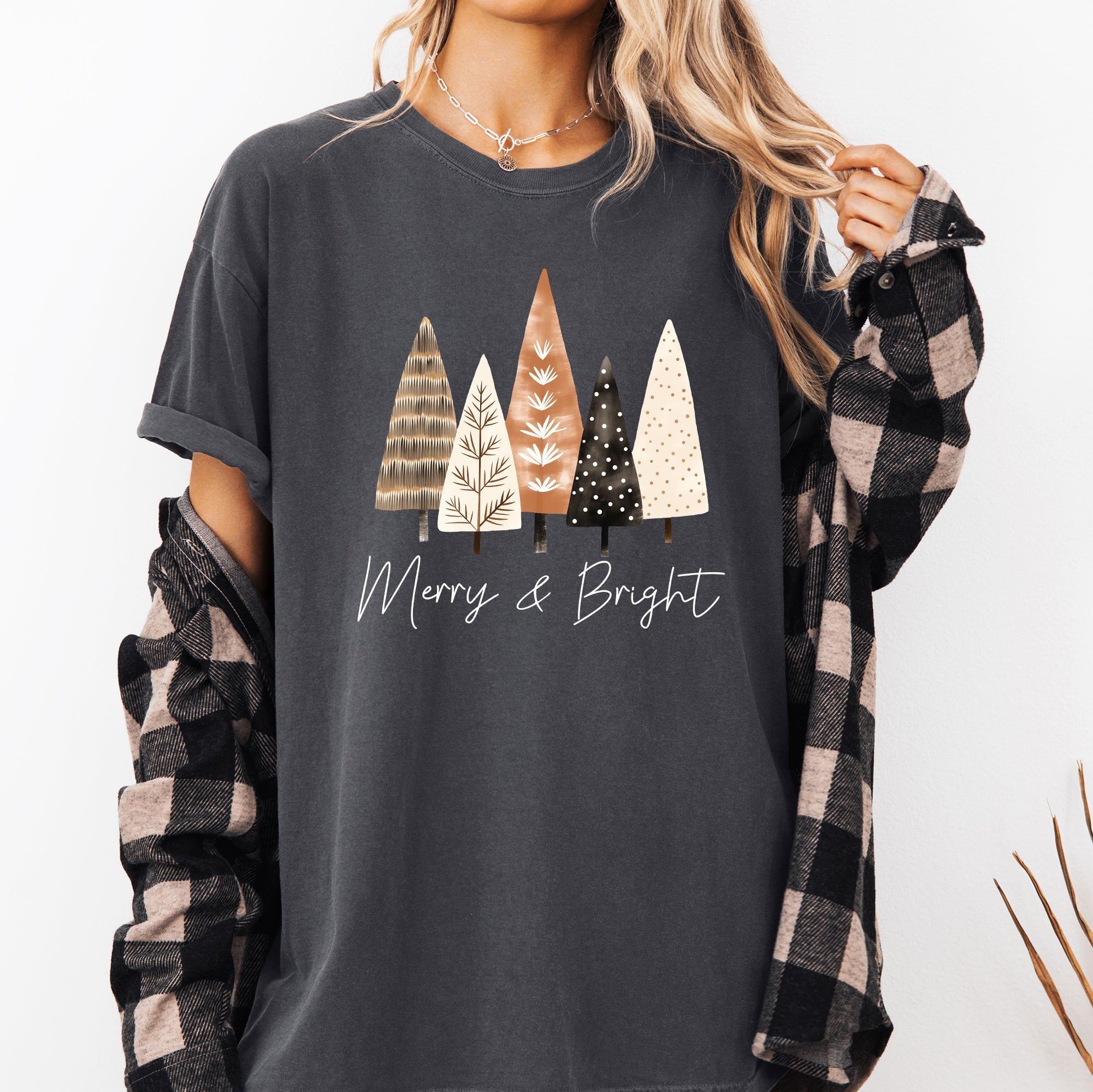 Merry and Bright Christmas Trees Hygge Winter Santa Snow Xmas Comfort Colors Tee