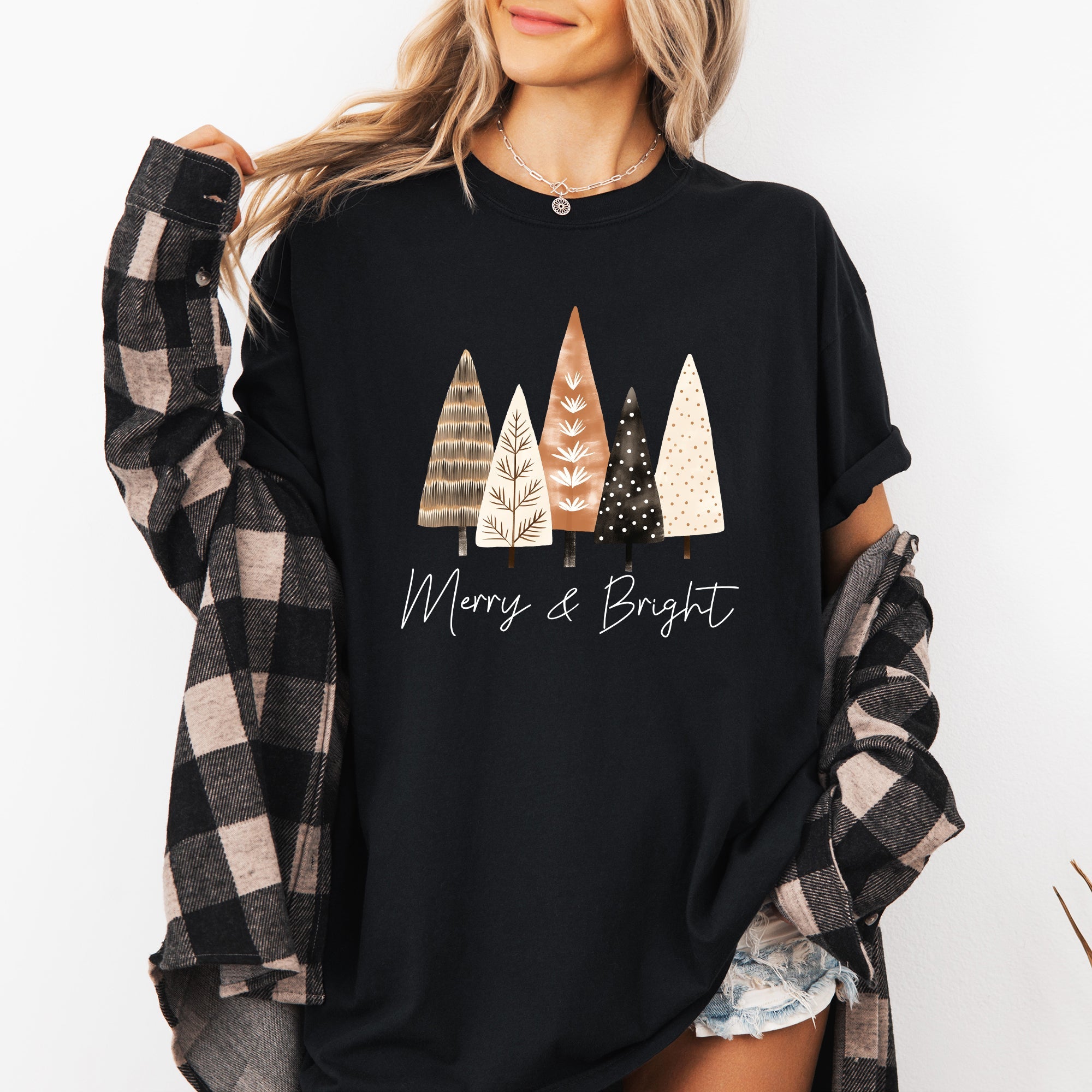 Merry and Bright Christmas Trees Hygge Winter Santa Snow Xmas Comfort Colors Tee
