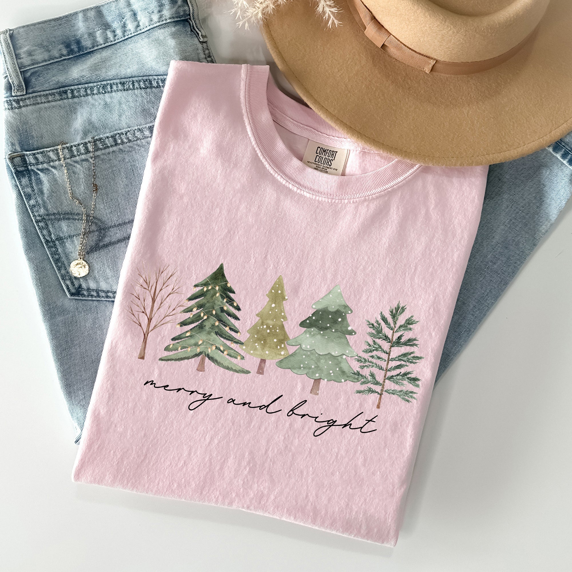Merry And Bright Christmas Trees Minimalist Winter Snow Xmas Edition Comfort Colors Tee