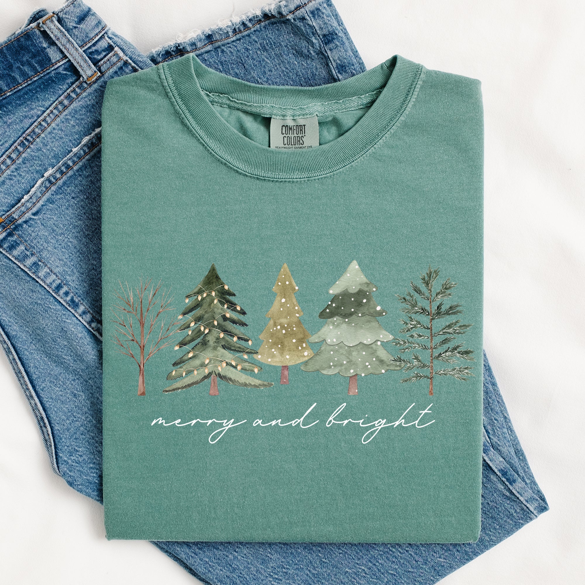 Merry And Bright Christmas Trees Minimalist Winter Snow Xmas Edition Comfort Colors Tee