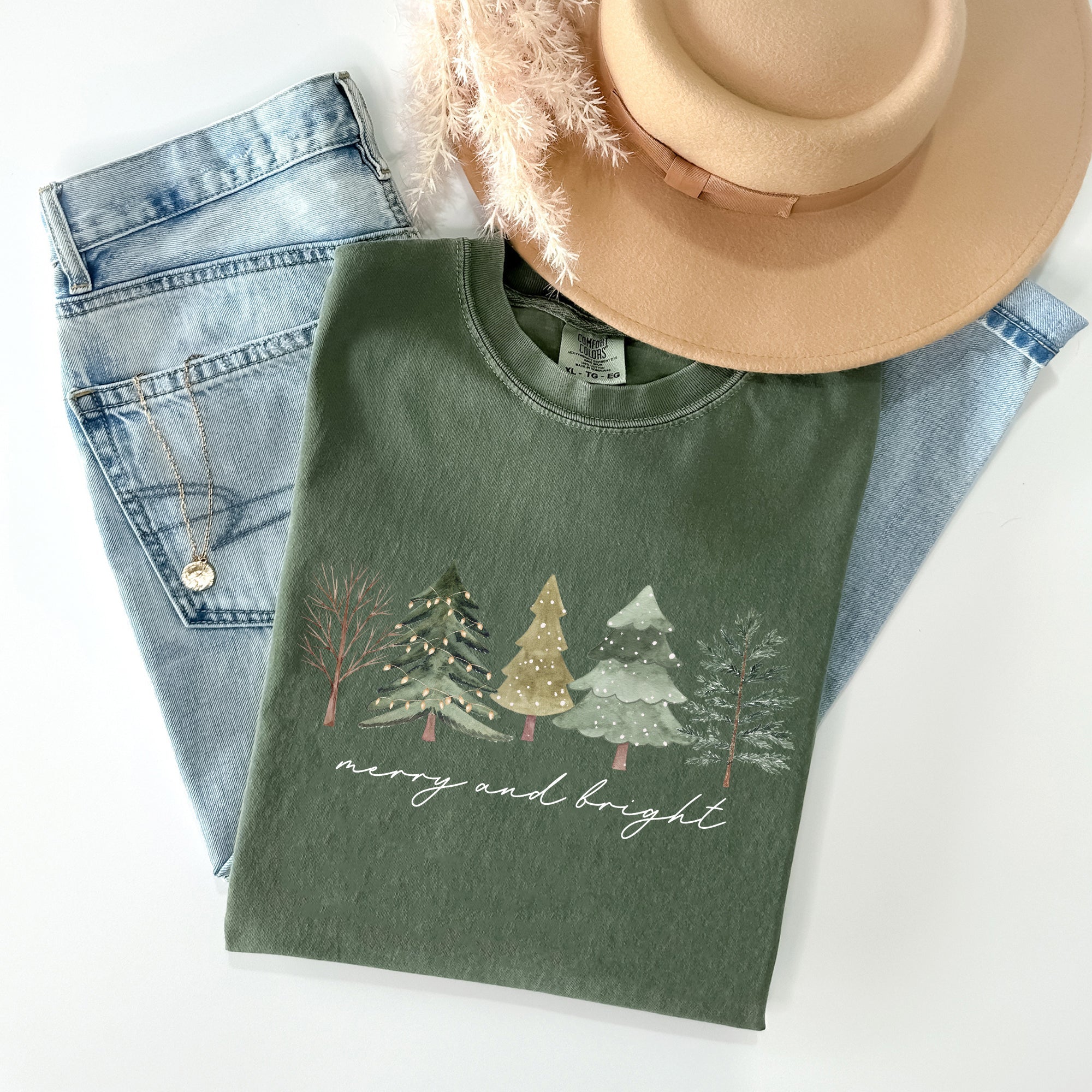 Merry And Bright Christmas Trees Minimalist Winter Snow Xmas Edition Comfort Colors Tee