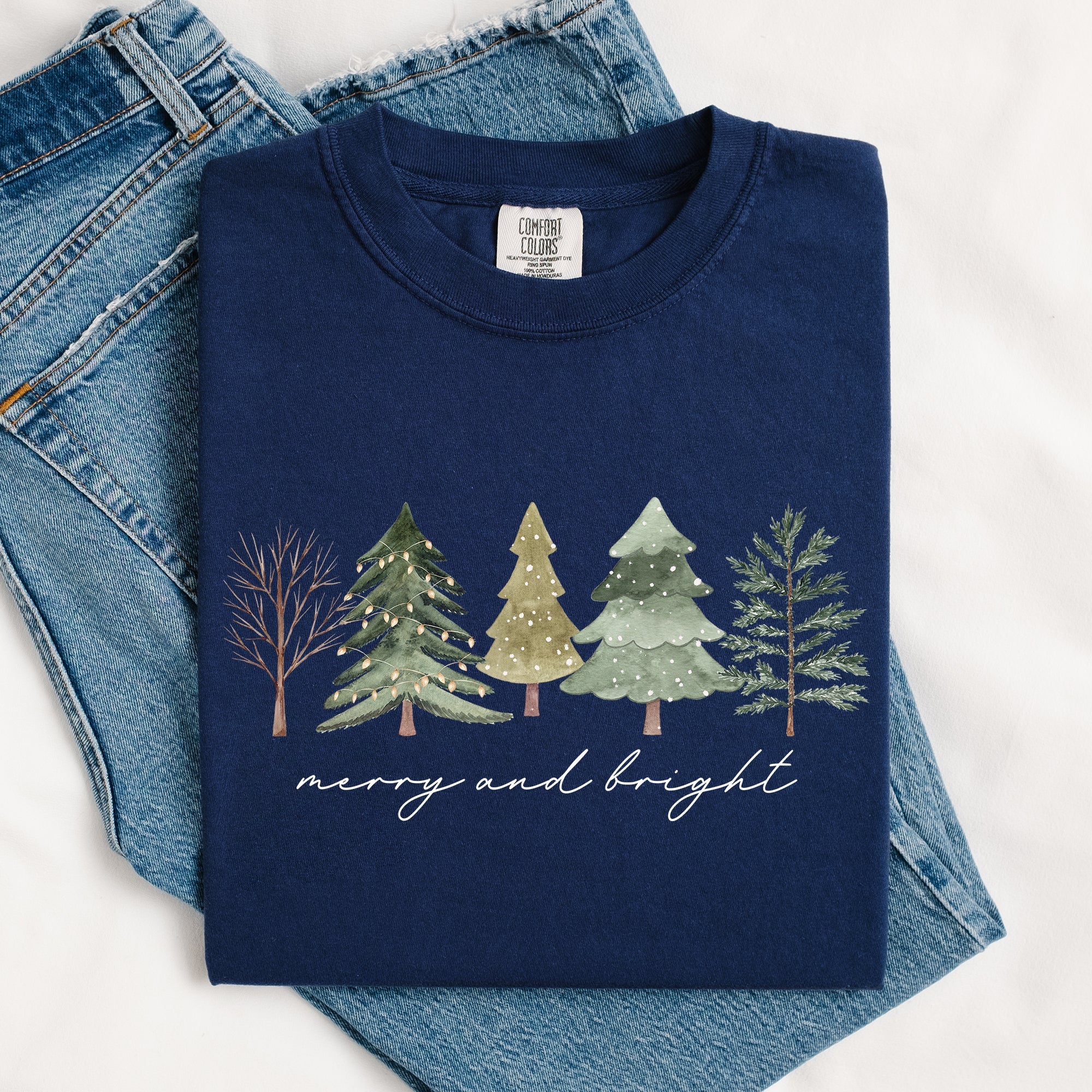 Merry And Bright Christmas Trees Minimalist Winter Snow Xmas Edition Comfort Colors Tee