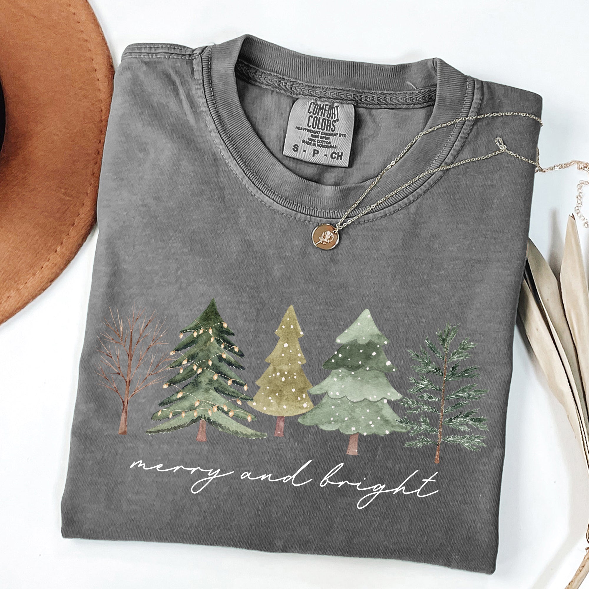 Merry And Bright Christmas Trees Minimalist Winter Snow Xmas Edition Comfort Colors Tee