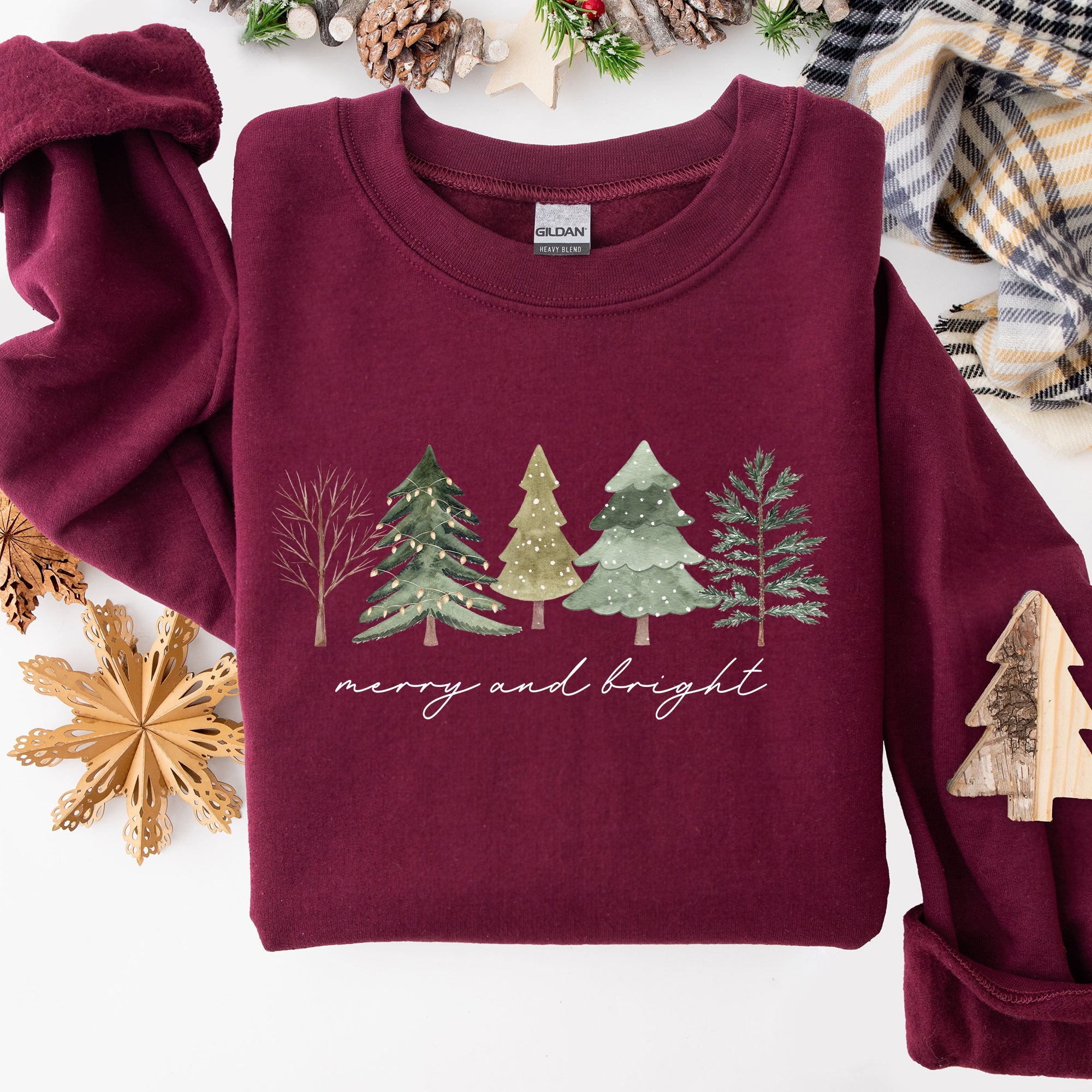 Merry and Bright Christmas Trees Minimalist Winter Snow Xmas Cozy Holiday Sweatshirt