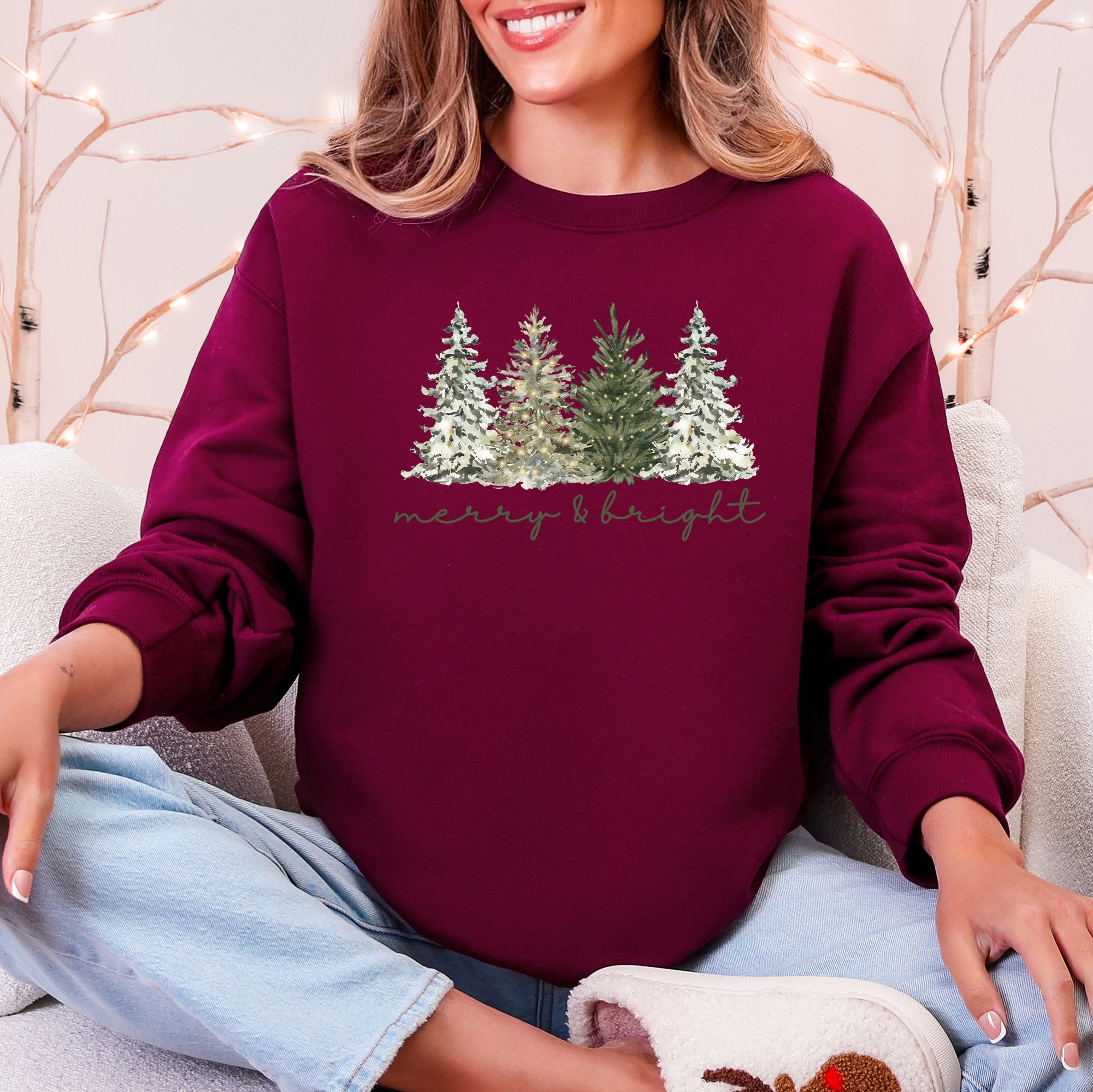 Merry and Bright Christmas Trees Santa Snowflakes Festive Holiday Theme Sweatshirt