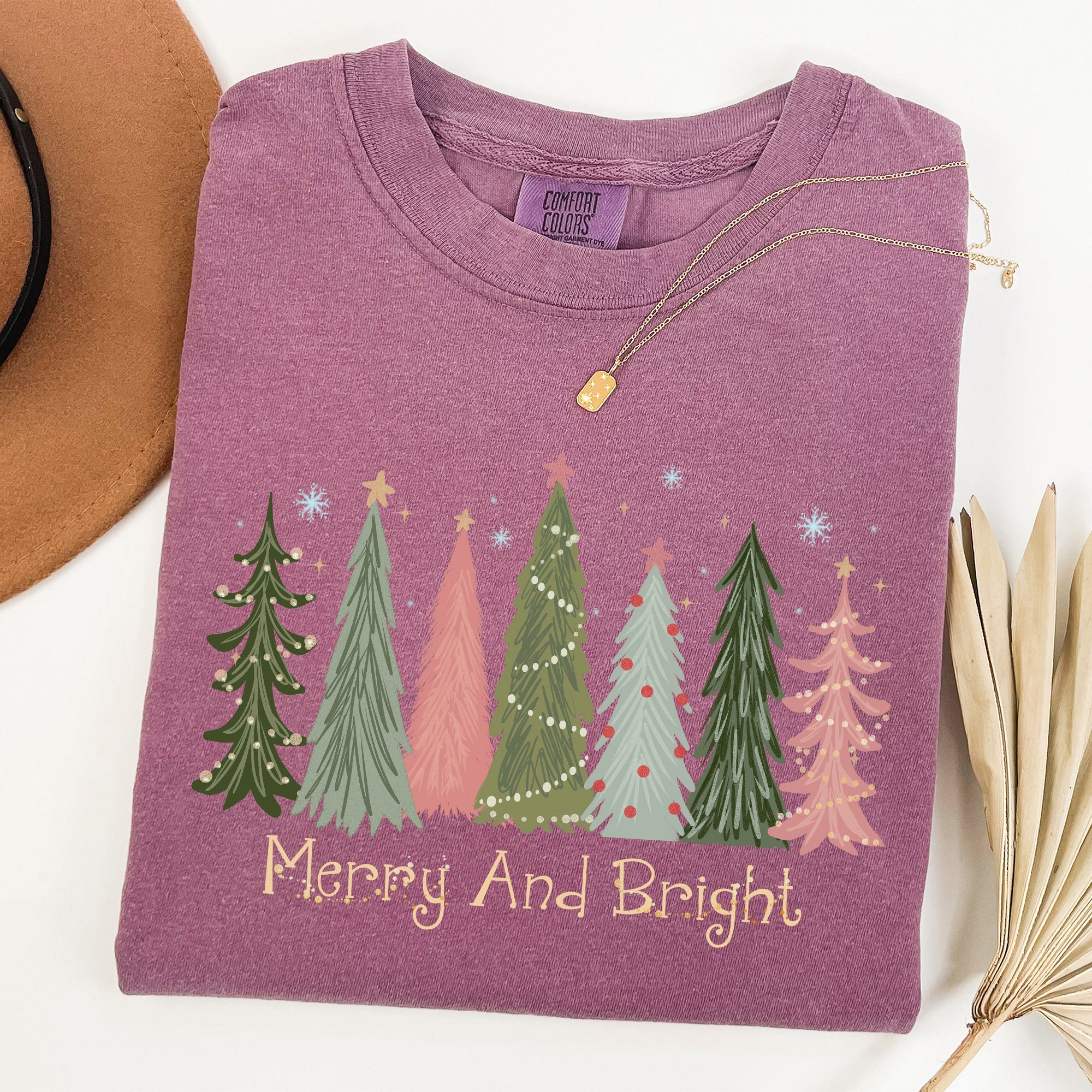 Merry and Bright Christmas Trees Winter Snow Xmas Holiday Scene Comfort Colors Tee